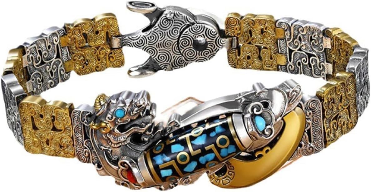Pi Xiu Nine-eyed Dzi Bead Rotation Bracelet, S925 Stering Silver Feng Shui Tibetan Buddhist Amulet Bracelets, Attract Wealth Love and Good Luck, Lucky Fengshui Decor for Men Women