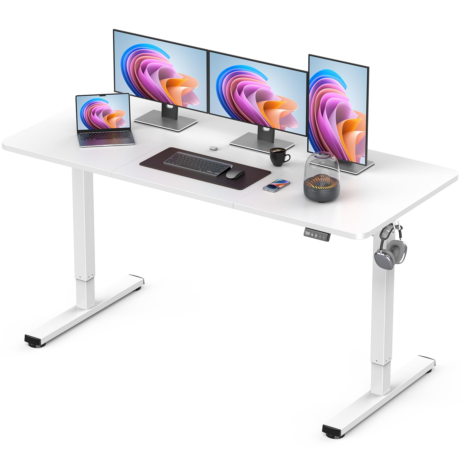 Standing Desk, Large Height Adjustable Electric Stand up Desk, 55 x 24 Inches Sit Stand Home Office Desk, with Splice Board, White Frame/White Top