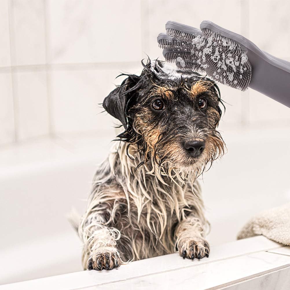 PAWCHIE Extended Edition Pet Grooming Gloves for Dogs & Cats, Waterproof Hair Removal Brush with Longer Silicone Tips, Gloves with Splicing Sleeve for Pet Bathing, Enhanced Five Finger Design