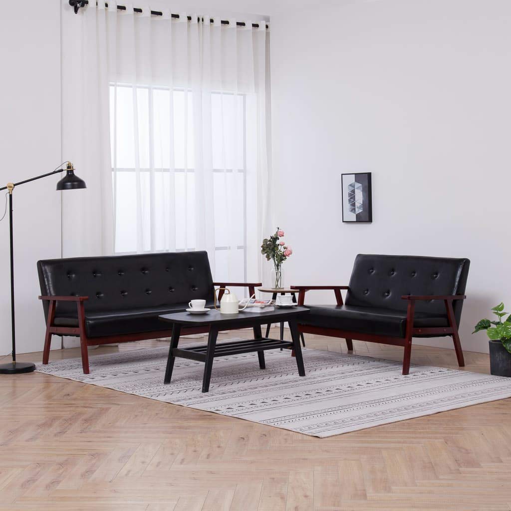 2-TLG. Sofagarnitur Schwarz Kunstleder Sofa klein Couch Mini Kleine Stoffcouch mit weichen Armlehnen