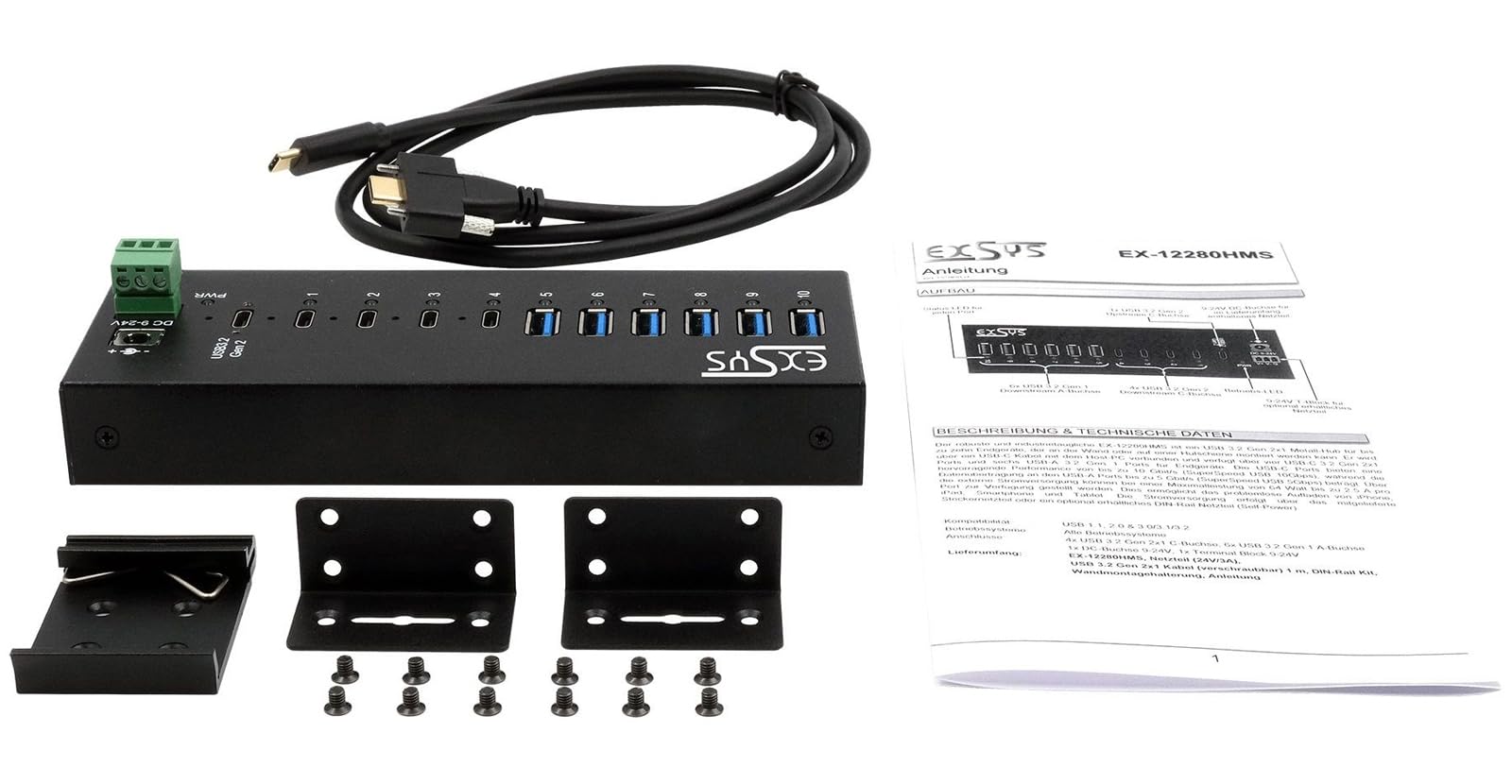 EXSYS EX-12280HMS Hub métallique USB 3.2 Gen 2 10 Ports, avec 4 connecteurs C et 6 connecteurs A
