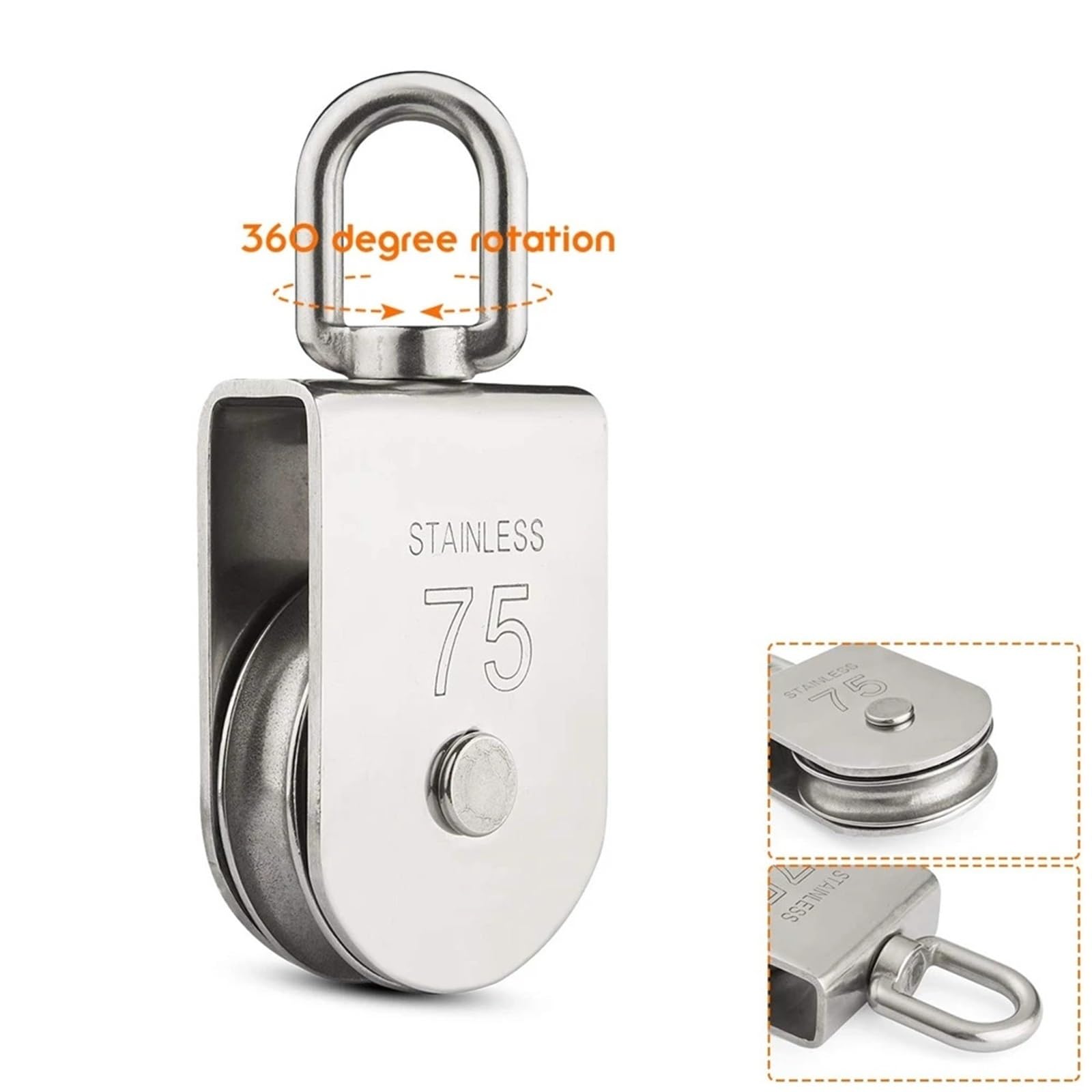 Bloque de Polea Doble Polea única de elevación, carga de 1322 libras, bloque de polea de cuerda de elevación giratoria resistente de acero inoxidable, polea de 75mm Polea Bloquear