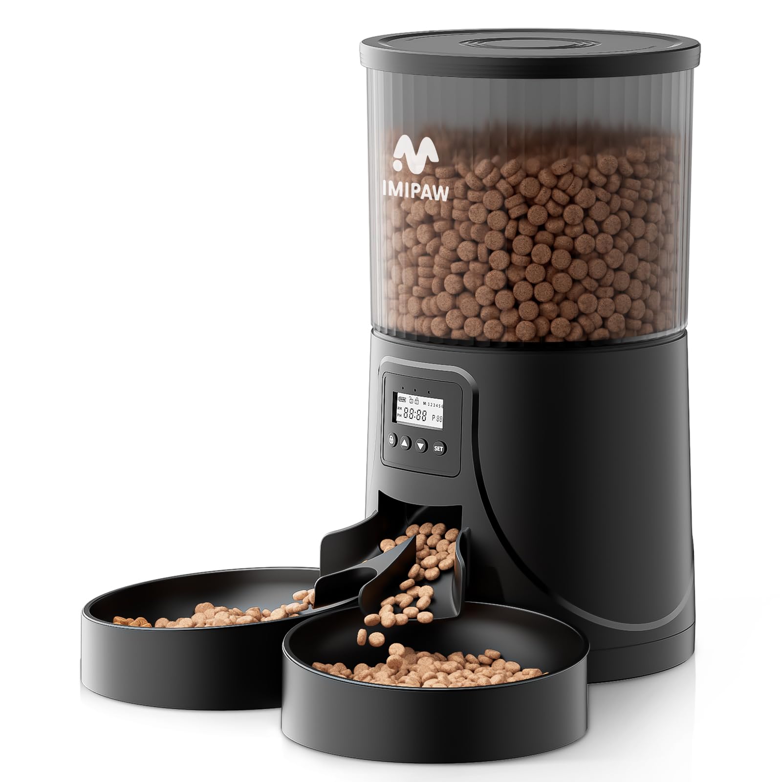 IMIPAW Distributore Automatico Cibo Gatti con 2 Ciotole, 4L Dispenser Cibo Cani con Timer Programmabile, 1-6 Pasti al Giorno, per Animali Di Piccola e Media Taglia