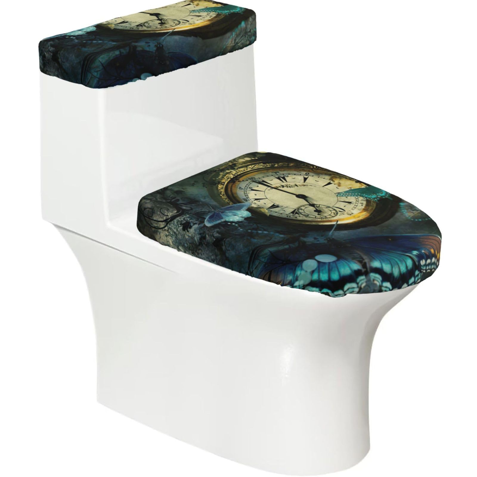 Butterfly Clocks Print Bathroom Decor Toilet Lid Cover And Tank Covers, Restroom Accessories Fits Most Round