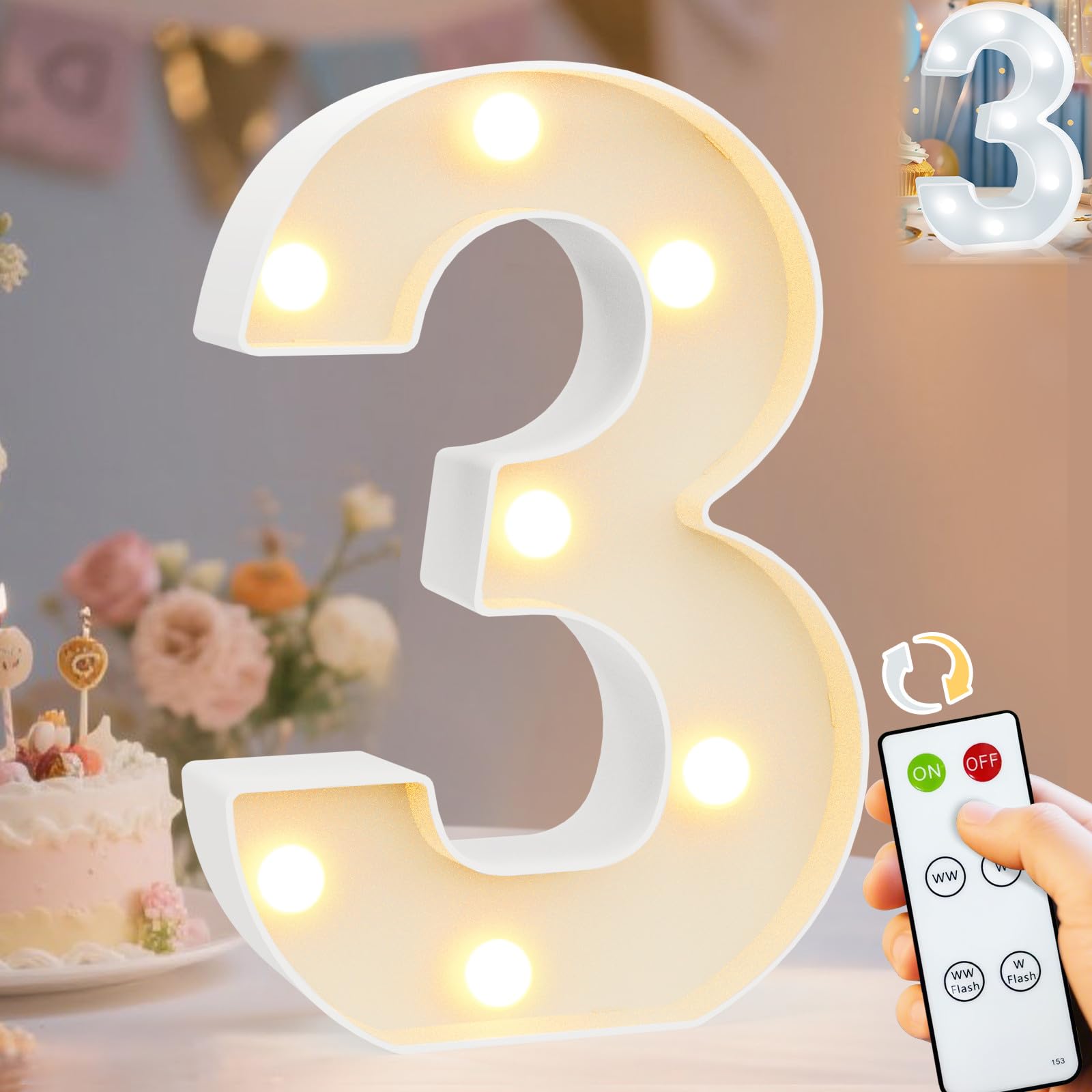 Pooqla LED Light Up Numbers, Marquee Number with Remote for 3rd Birthday Decoration, Lighted Numbers Gift for Boys Girls Party Backdrop Wedding Anniversary Decor, Warm White and Cool White Number 3