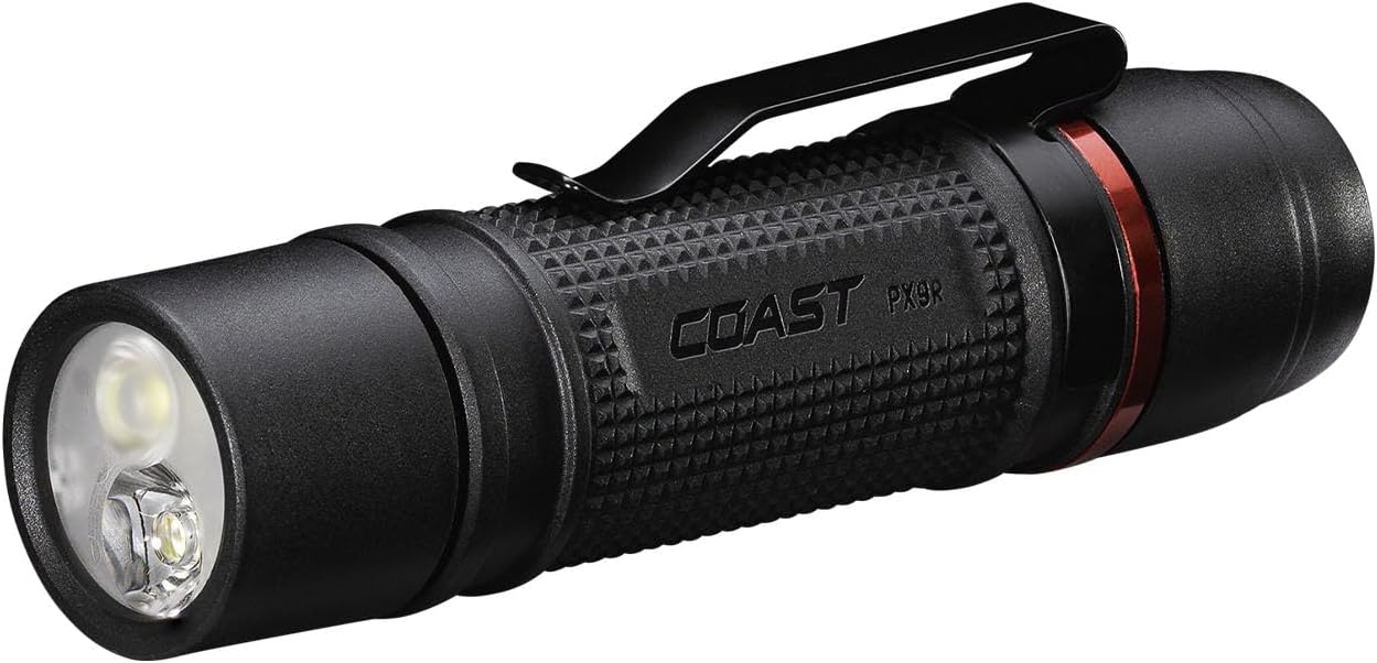 Coast PX9R Rechargeable LED Flashlight with Dual Optic Lighting, Pocket Clip and Grip-Textured Handle, 1000 Lumens