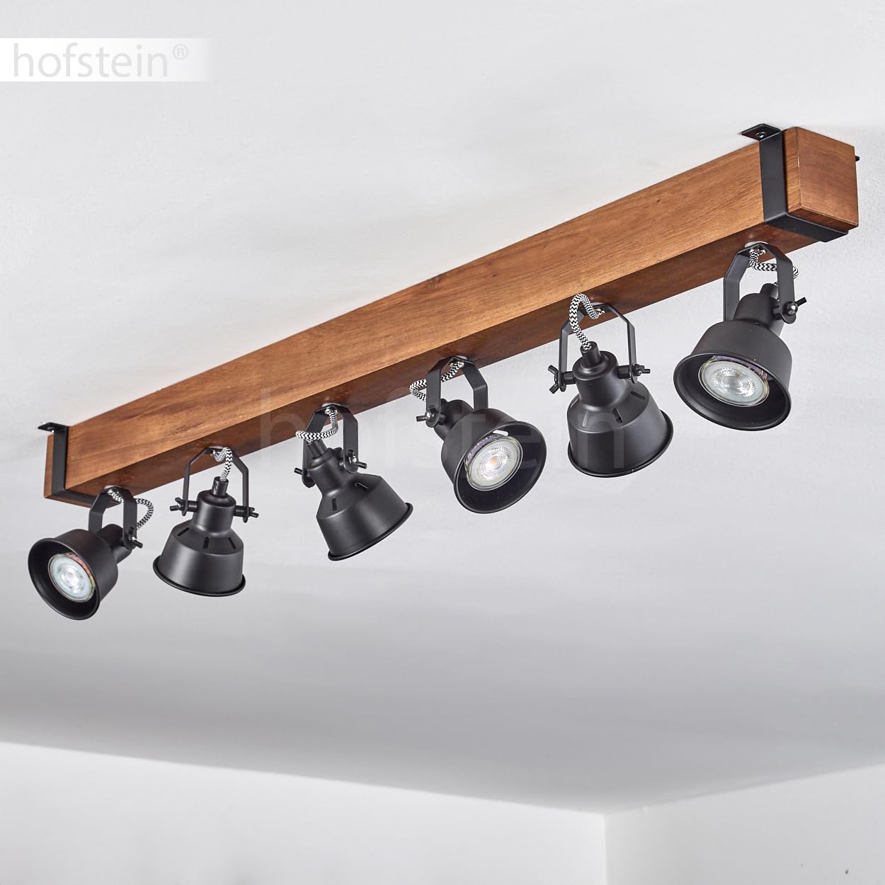 HOFSTEIN Plafoniera Safari, moderna lampada da soffitto in metallo/legno, colore nero/marrone scuro, plafoniera dal design industriale con schermi regolabili, 6 luci, 6 lampadine GU10 senza lampadina