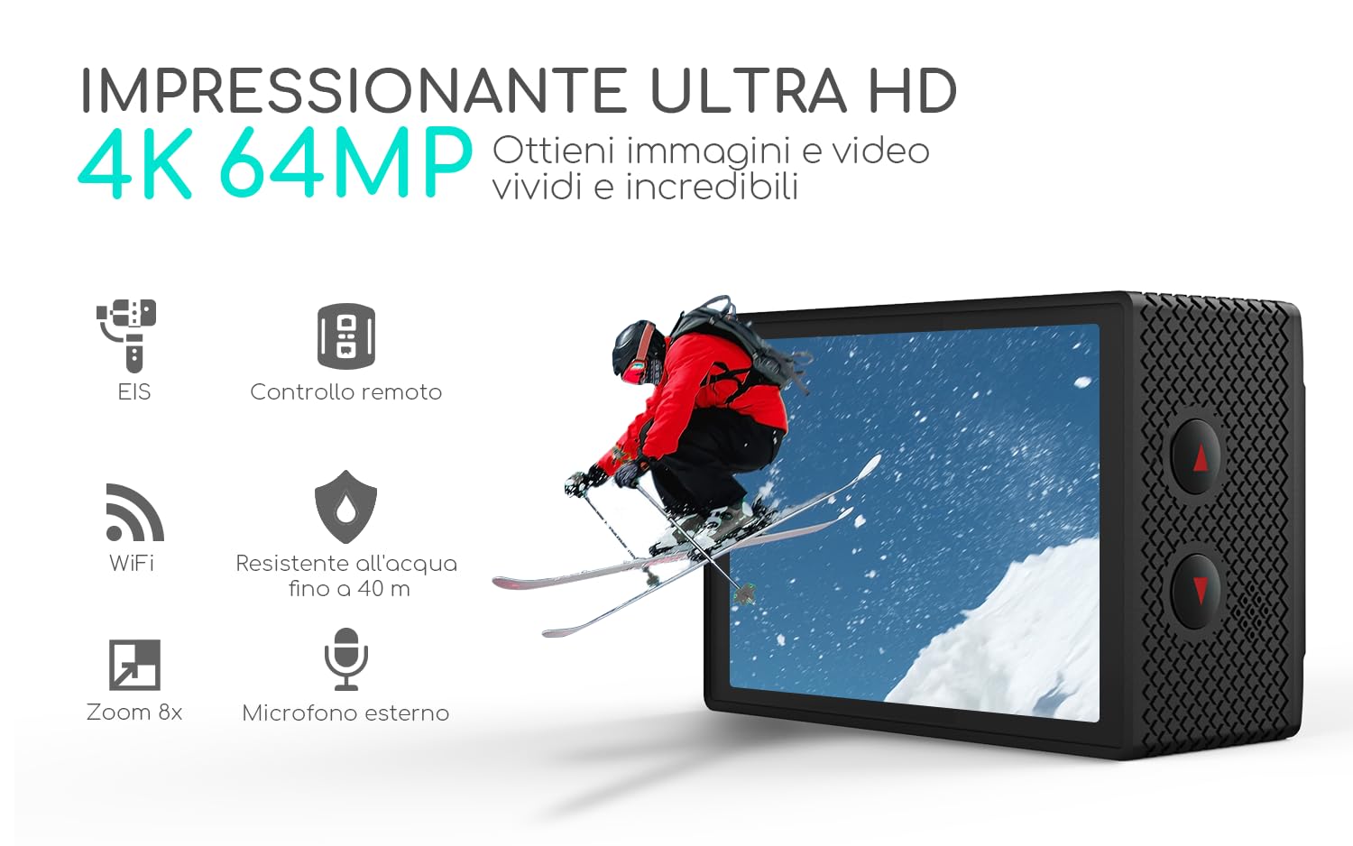 COOAU Action Cam HD 4K 64MP WiFi Con Microfono Esterno Fotocamera Sott'acqua 40M con Telecomando Videocamera Impermeabile 170° Grandangolare Time Lapse/2 Batterie 1200mAh/Accessori