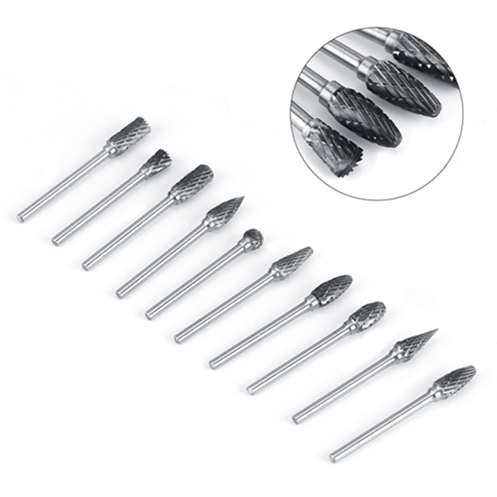 10 Pièces Carbure de Tungstène Acier Limes Rotatives Ensemble de Fraises 3mm Tige 6mm Diamètre de la Tête de Coupe pour Meuleuse Outil de Forage Rotatif(Double pattern)