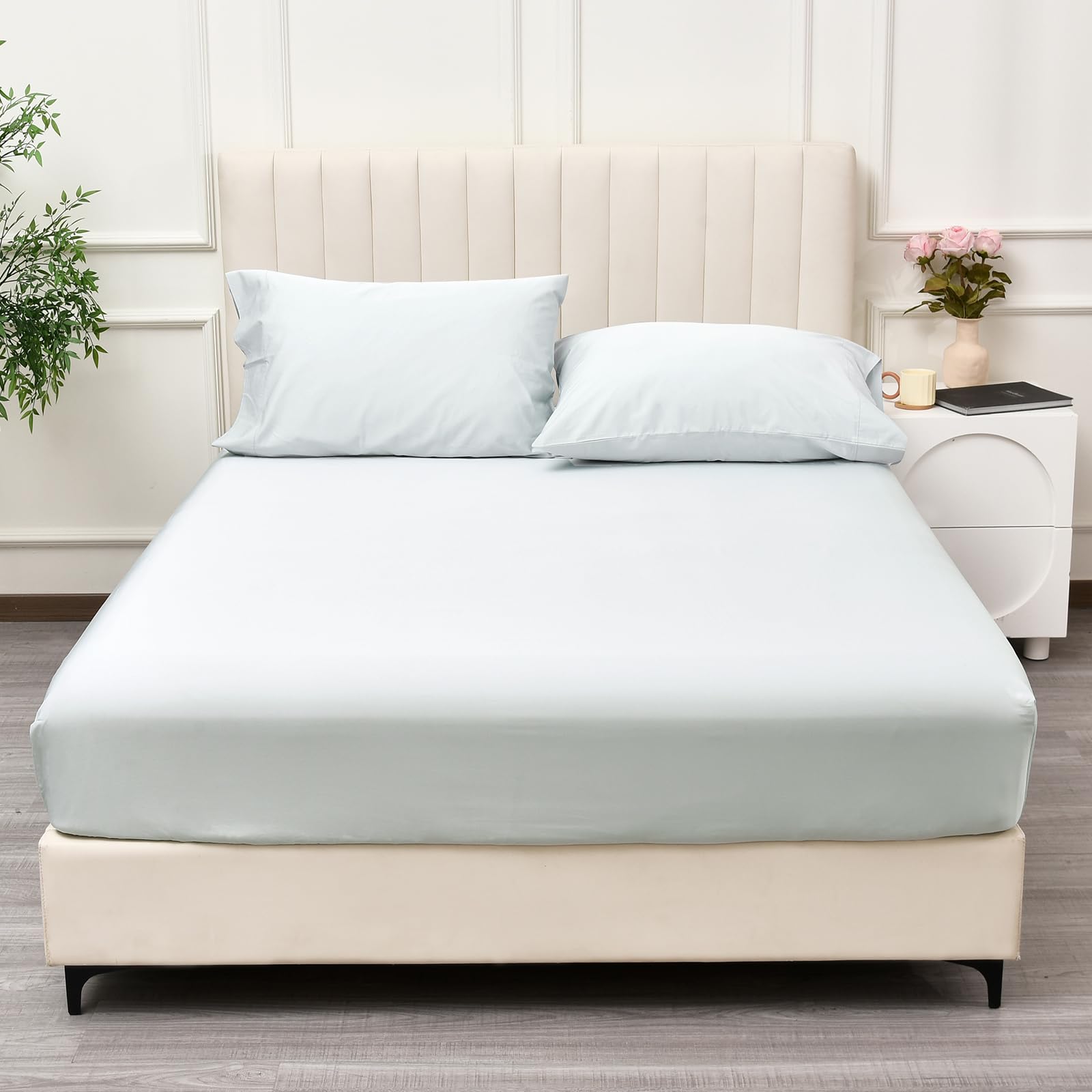 phf 100% rayon derived from bamboo fitted sheet queen size, 16" deep pocket,2.5cm wider strong elastic easy fit, breathable silky soft skin-friendly for hot sleeper, 60"x 80", ice blue, no pillowcase