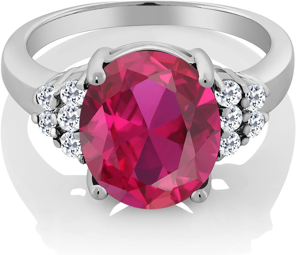 Gem Stone King 5.40 Cttw Red Created Ruby and White Topaz Engagement Ring For Women | 925 Sterling Silver | Oval 12X10MM | Wedding Engagement Anniversary Promise Ring For Women - Image 3
