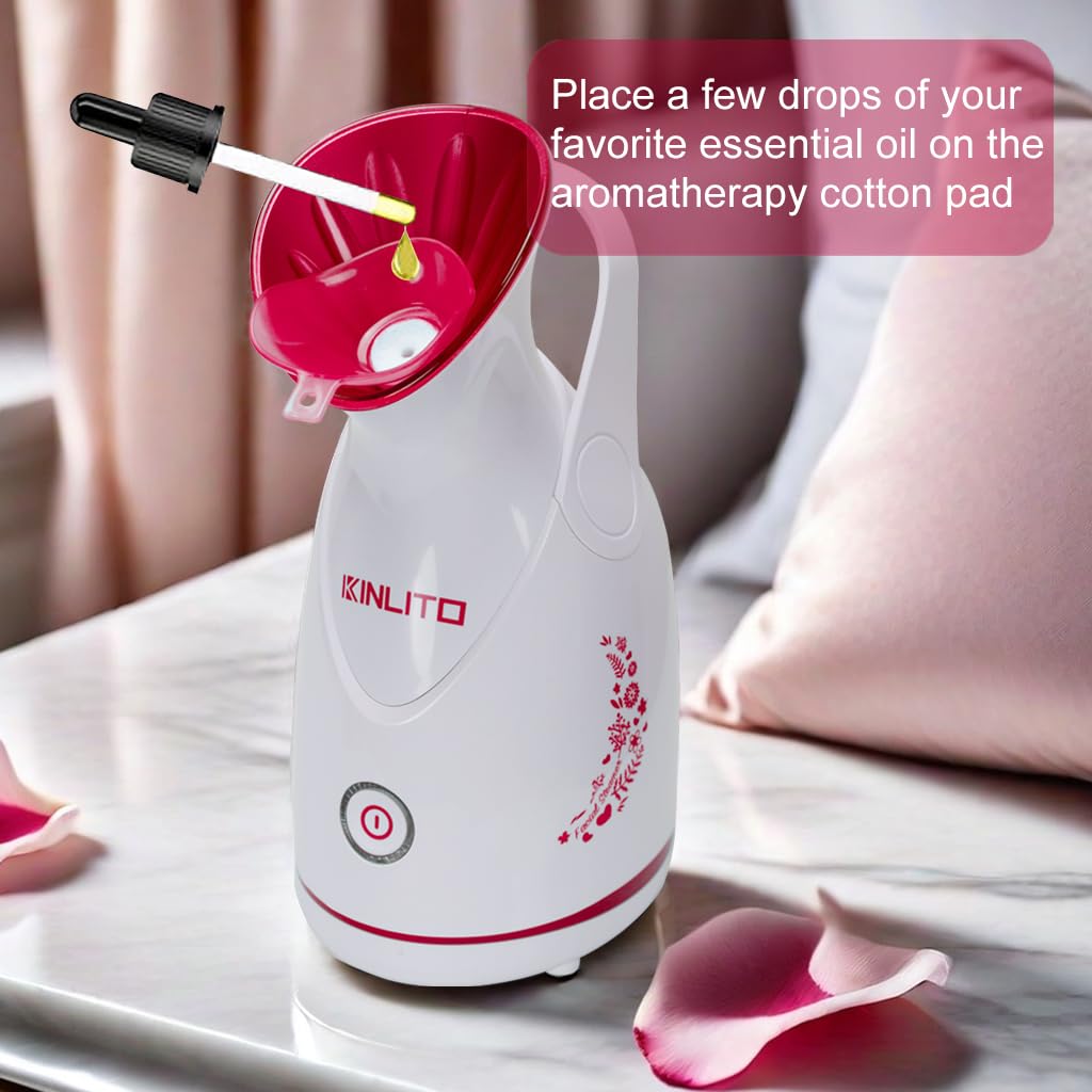 KINLITO Vaporizador facial nano iónico, limpieza profunda, desobstruye los poros para limpieza profunda de poros y alivio sinusal, kit de 5 piezas de acero inoxidable para la piel (rojo rosa)