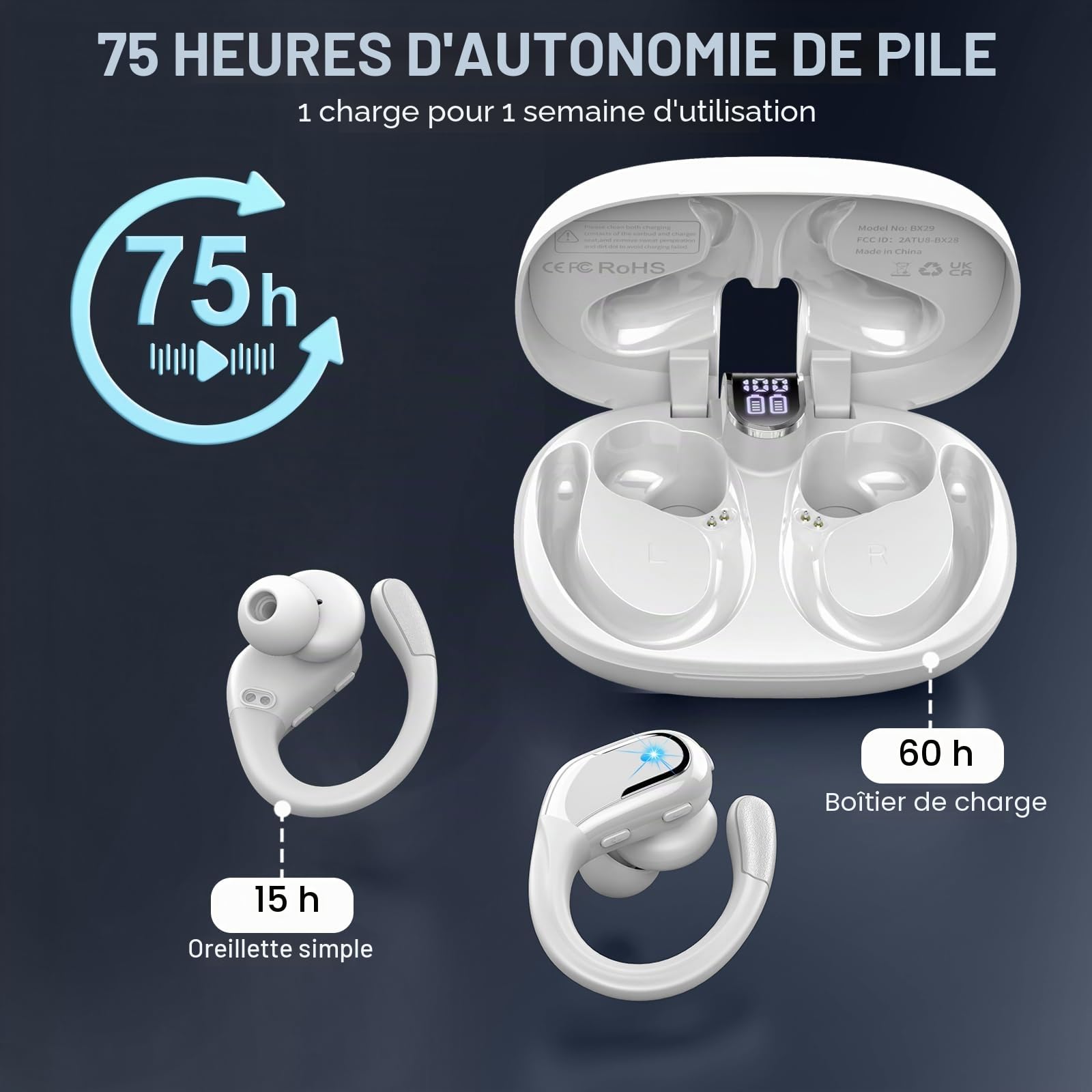 angenommen, Casque Bluetooth Sport-Music XS, 2021 Ecouteurs Bluetooth 5.3 HiFi Stéréo, ENC+ pour Appels en Voiture, Étanche IPX7