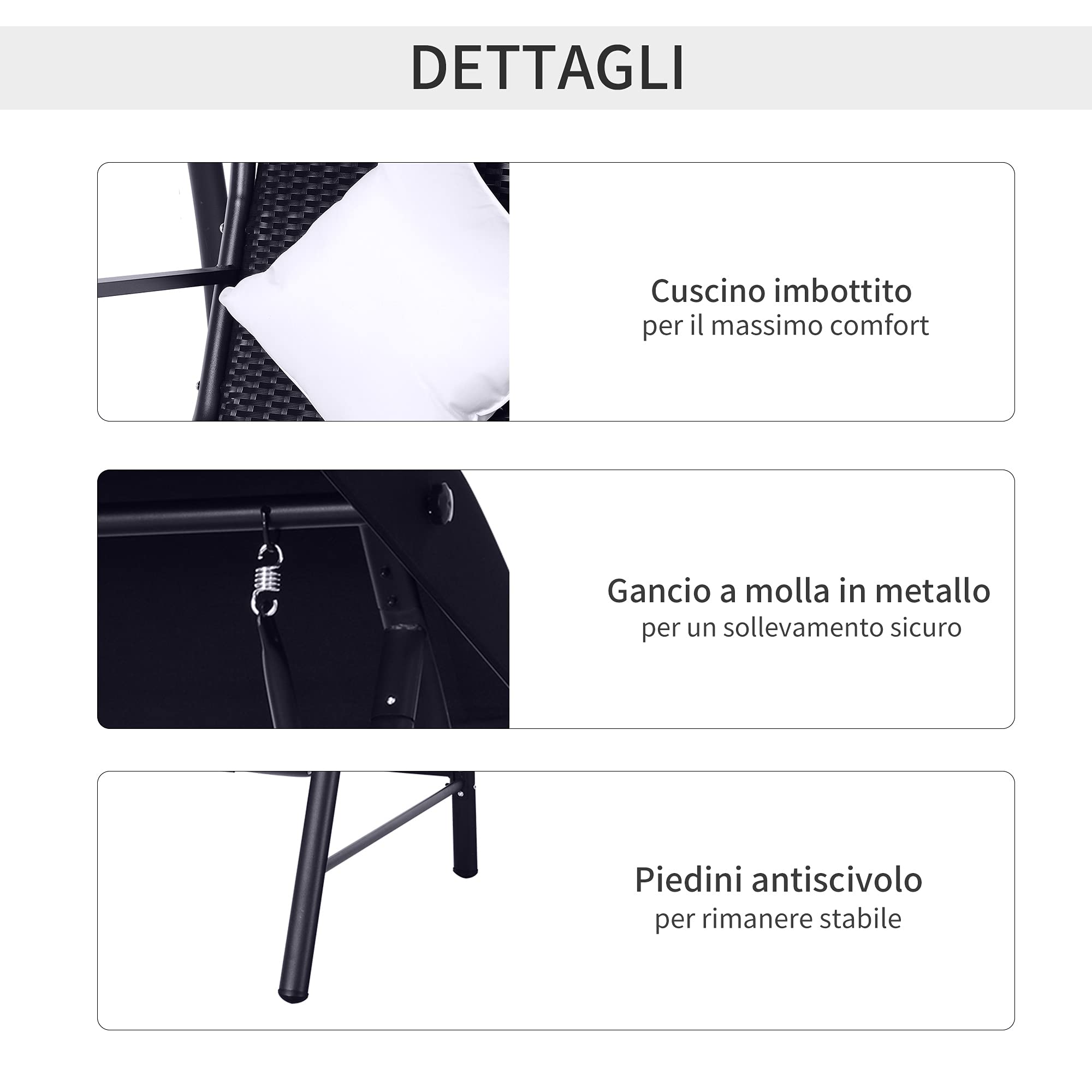 Outsunny Dondolo Polyrattan da Giardino a 3 posti, 2 Cuscini e Baldacchino Ferro Verniciato a Polvere Tetto Idrorepellente Cuscini Sfoderabili 198x124x179cm 360kg