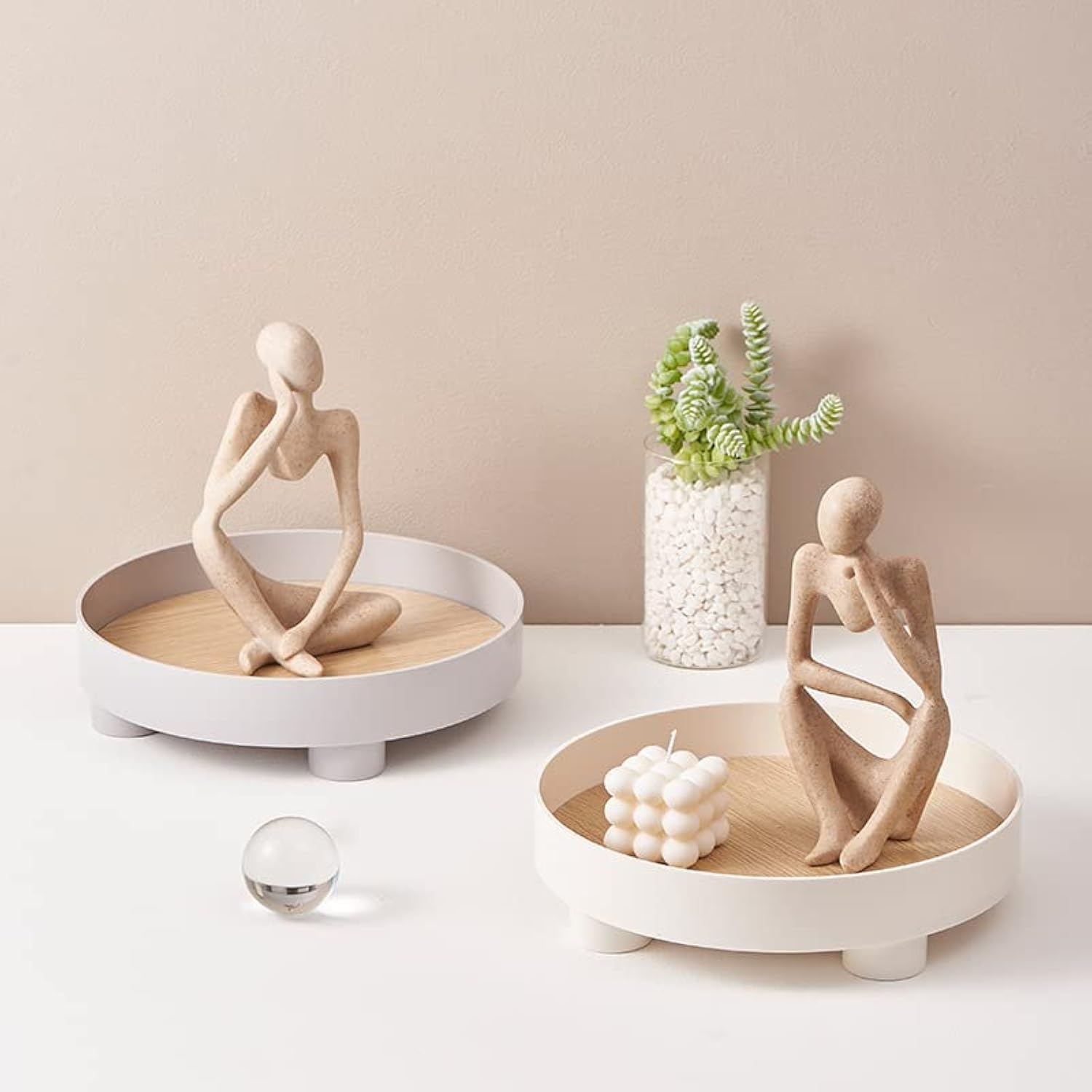 Paperbacks Modern Decorative Trays Bathroom Tray Wood Serving Tray Vanity Counter Tray Cosmetic Holder Decorative Tray Dresser Tray for Perfume,Cosmetics,Jewelry (Round 2 pack)