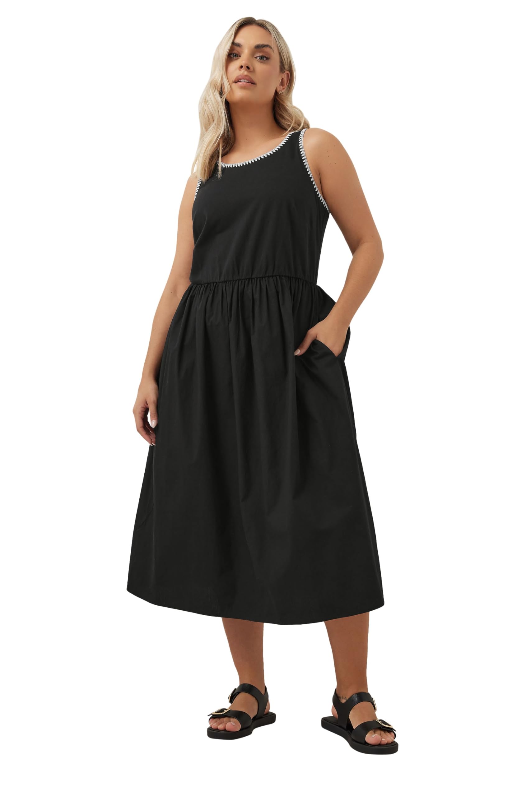 Yours Women's Black Curve Contrast Blanket Stitch Midi Dress - Plus Size Curve