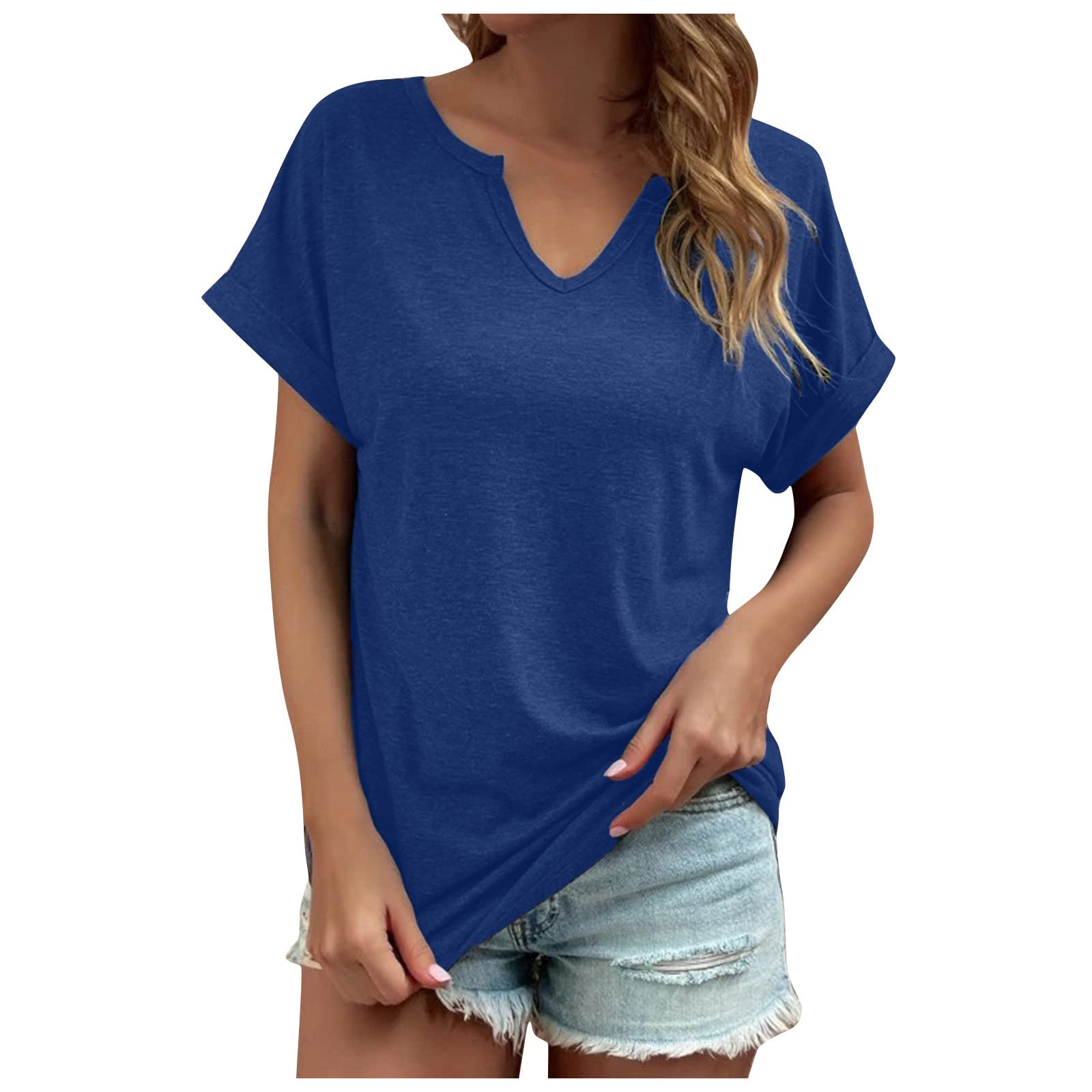 Rapbin Dames V-hals Top Puff Korte Mouwen T-shirt Met Knoppen Geribbelde Tuniek Dames Bloes, M