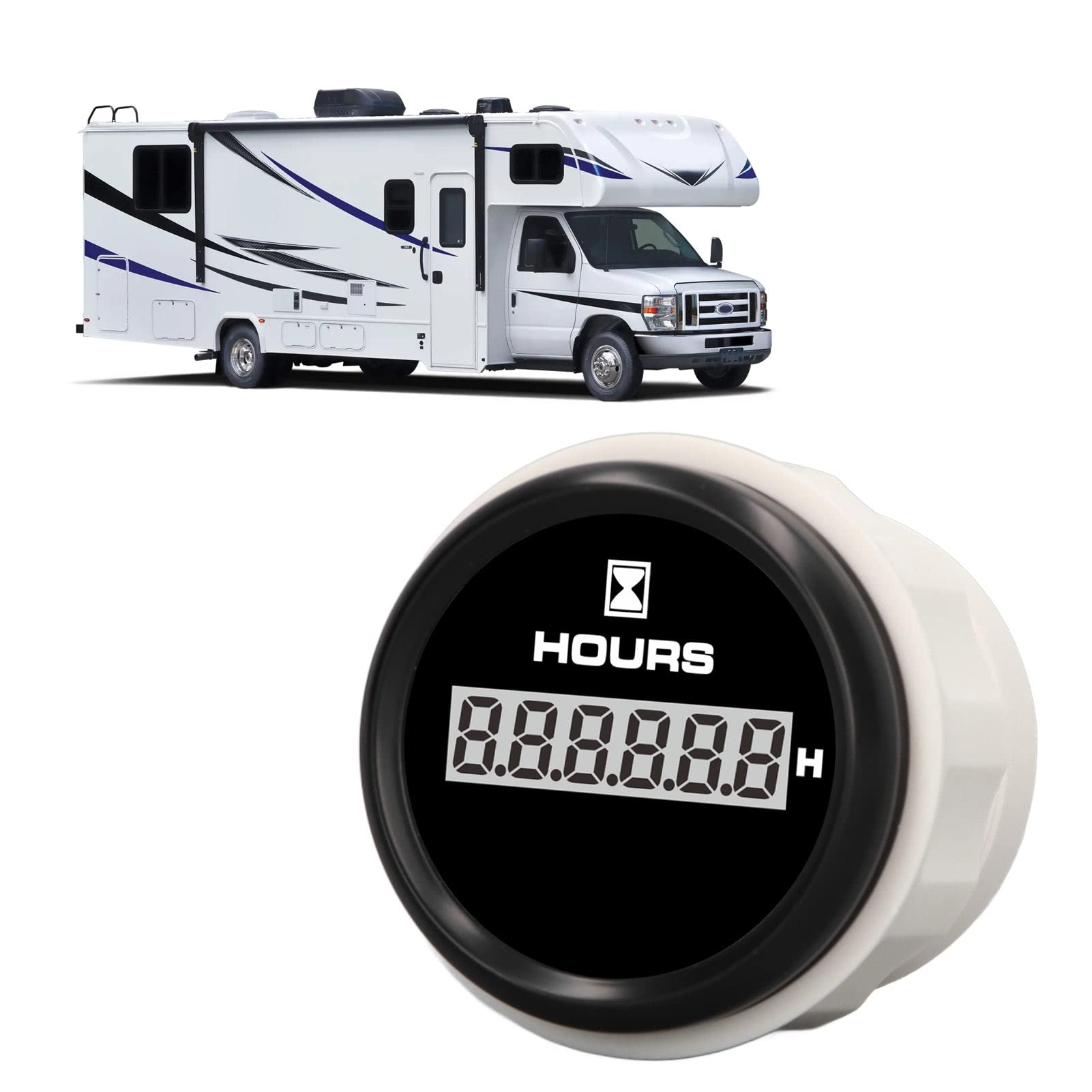 Indicatore orario 52 mm, quadrante nero Retroilluminazione a 7 colori Antiappannamento DC 9‑32 V IP67 Contaore barca impermeabile ad alta precisione per
