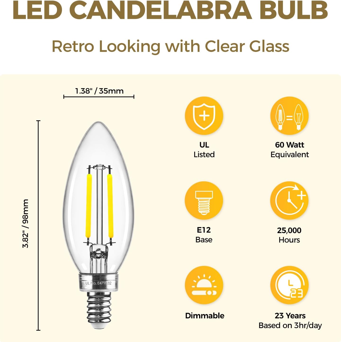 Hizashi E12 LED Bulb Dimmable 60 watt Equivalent, Chandelier Light Bulbs 5000K Daylight, Candelabra Light Bulbs, B11 LED Candle Bulb, 90+CRI, 6W 550LM, UL Listed, 12 Pack