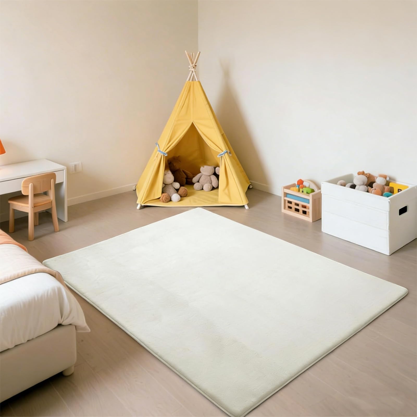 Tappeto Gioco Bambini 3 cm, Pieghevole e Lavabile - 150 x 150 cm Tappetone Neonato con Fondo Antiscivolo per Gattonamento per Box, Tappetino Gattonare Bambini in Velluto di Corallo Crema