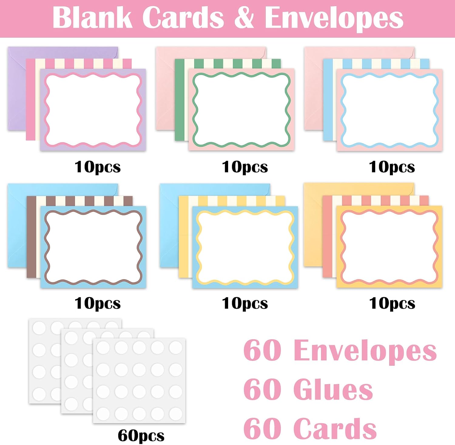 JarThenaAMCS 60 Pcs Flat Blank Notes with Envelopes 6 Colors Stripes Wavy Border Stationery Set Pastel Squiggled Non Folding Note Cards for Baby Shower Birthday Wedding Invitation Thank You Notes
