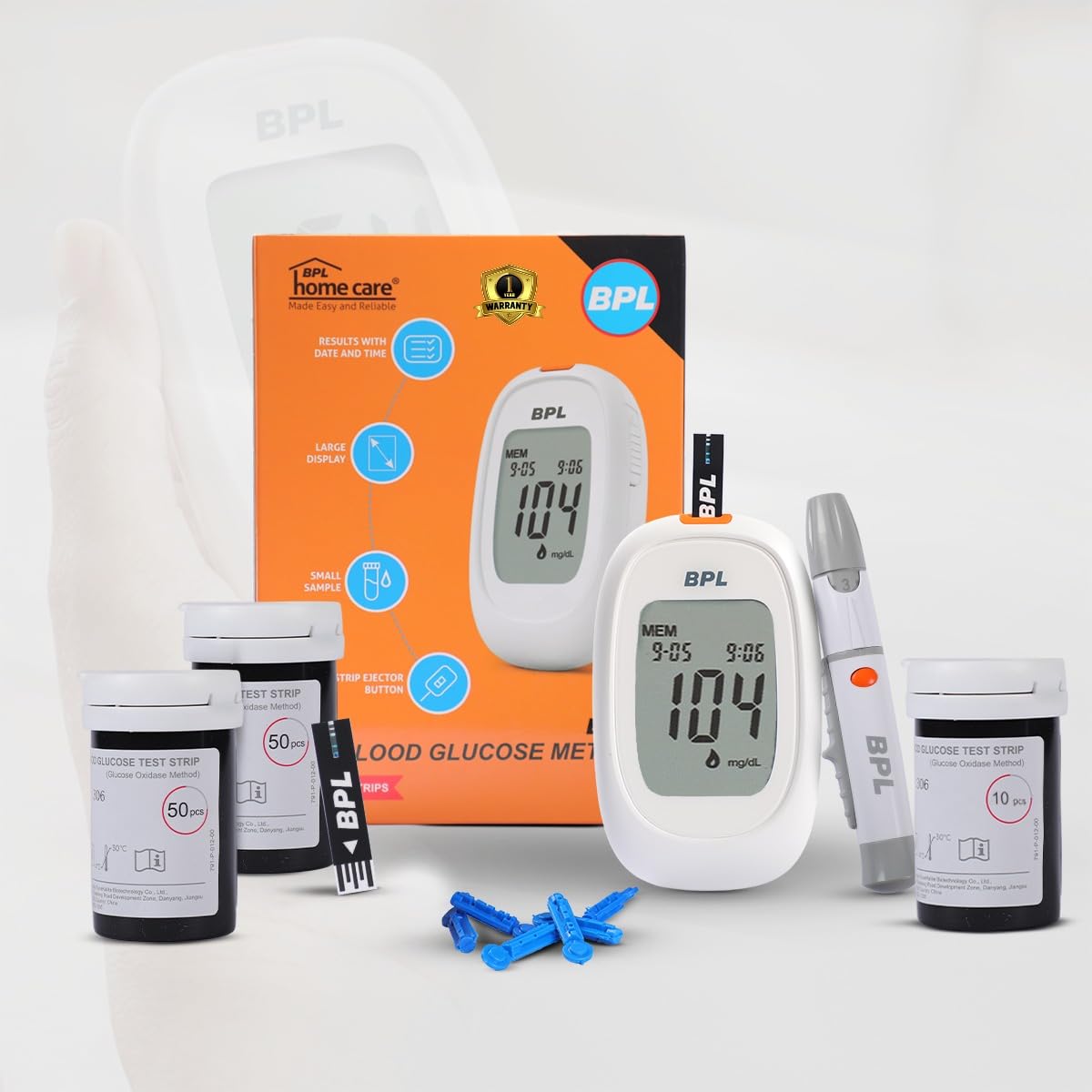 BPL Medical Technologies Glucose Meter Kit for Instant Accurate Blood Sugar Test at Home|Glucometer Machine, 10 Lancets, Lancing Devices & Vial of 110 (10+100) Diabetes Test Strips Combo-image-19