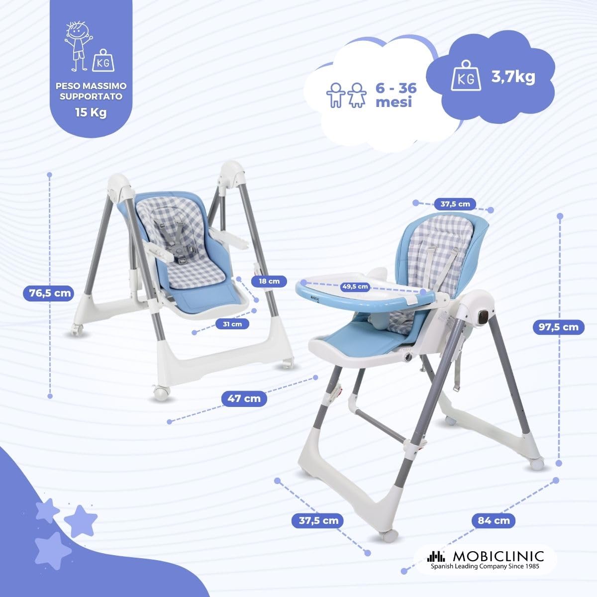 Mobiclinic®, Seggiolone a dondolo evolutivo, 3 in 1, 6-36 mesi, 15 kg, Pieghevole, Regolabile altezza e sullo schienale, Doppio vassoio rimovibile, Rotelle 360°, Imbracatura 5 punti