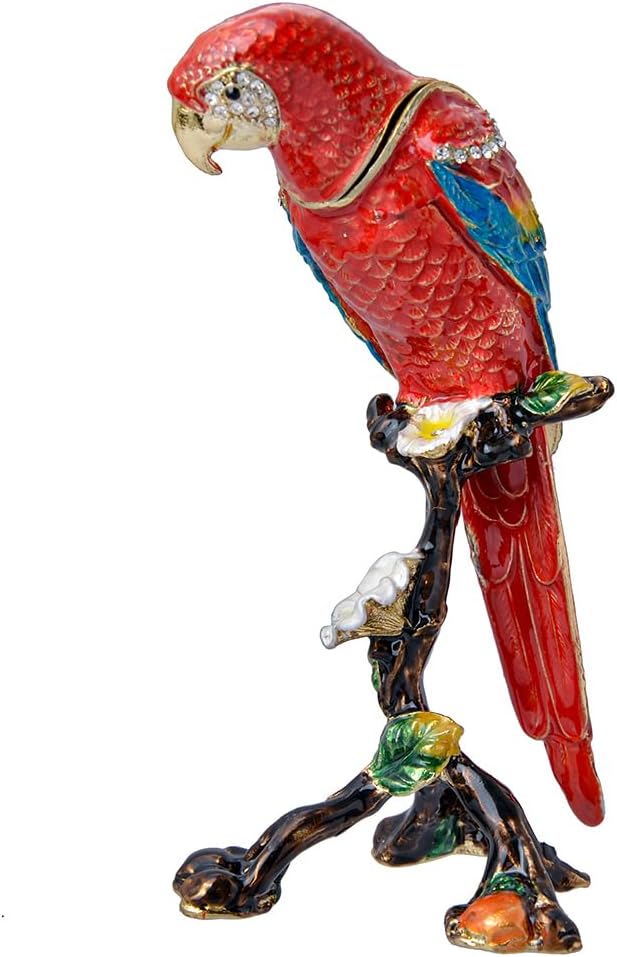 Golden Crystal Enameled Red Parrot Jewelry Box, Hand-Painted Hinged Bird Trinket Box, Elegant Home Décor & Gift for Bird Lovers