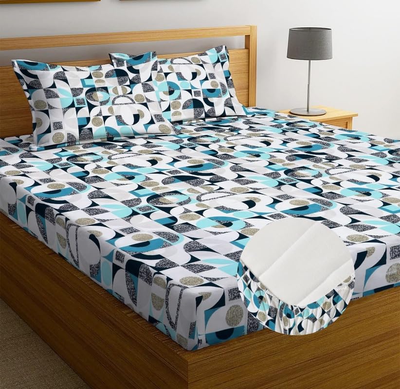 Image of NHD HOME Pure Cotton Full Elastic Fitted Bedsheets for Double King Size Bed with 2 Pillow Covers 210 TC Supersoft |Wrinkel Free Bed Cover Size - 72x78+10 inches, Blue White