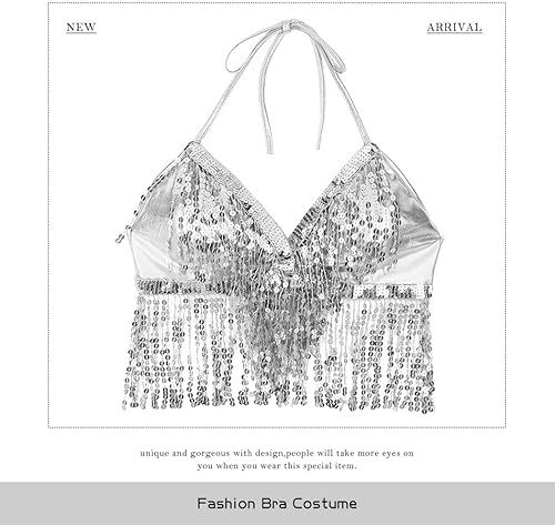Miniatura 2 de Reetan Top corto con borlas de lentejuelas, brasier brillante para danza del vientre, para festival, rave, top halter para mujer