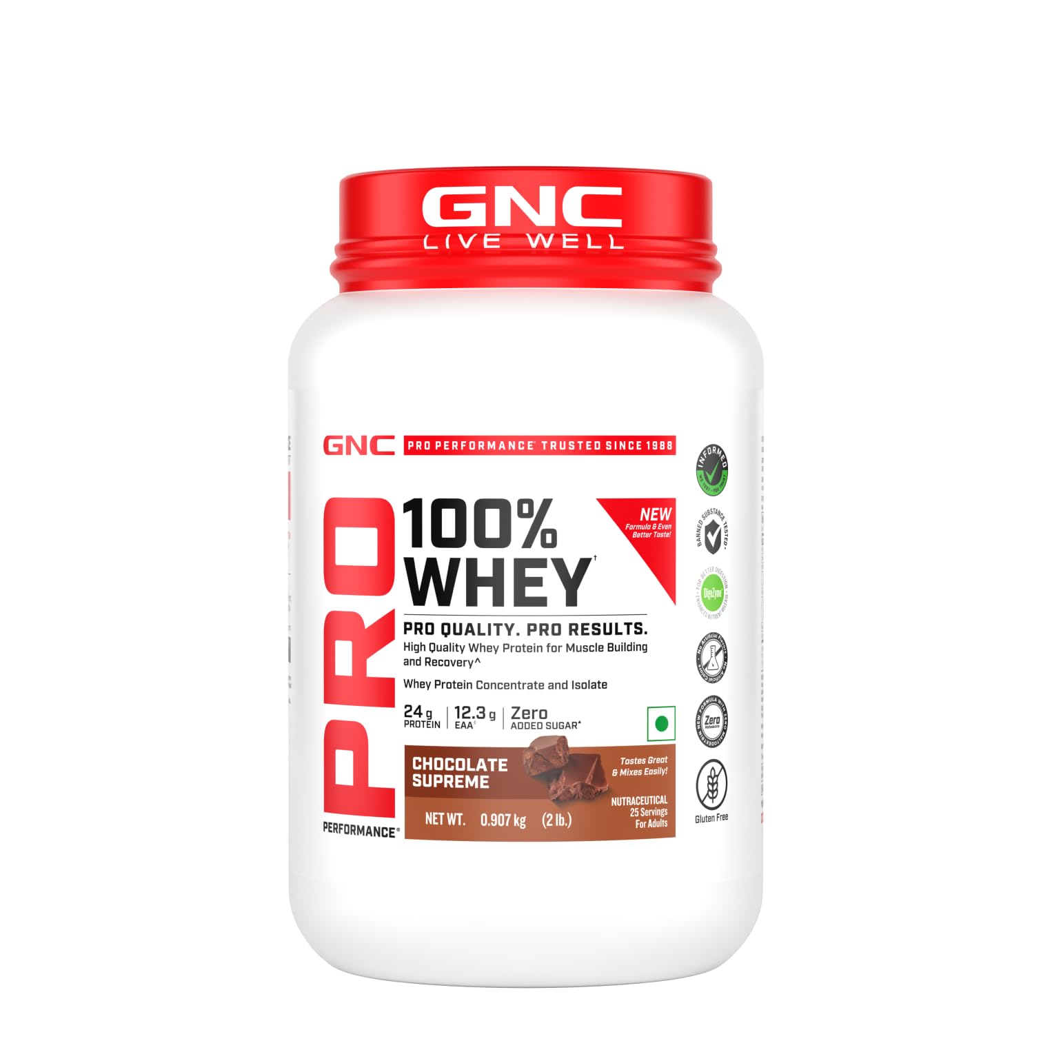 GNC Pro Performance 100% Whey Protein | New Formulation | 24g Protein, 5.7g BCAAs, 12.3g EAAs | Added DigeZyme® | Whey Isolate & Concentrate Blend, Low Carb (4.51g), No Added Sugar | Chocolate Supreme , 907g-picture-25