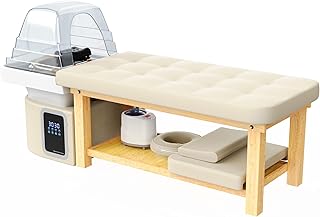 pouseayar Stationary Head Spa Massage Table with Water Cycle & Fumigation Salon Equipment for Beauty Head Spa Physical Therapy Massage, Wood Frame, Beige Gray PU Leather
