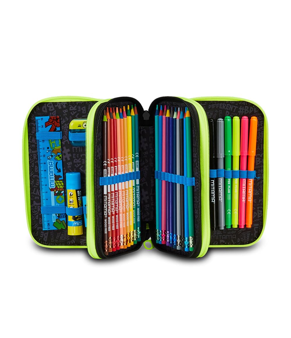 Mitama Astuccio Scuola 3 Scomparti, SUPER TRIPLO FLUO MONSTER, Contenuto 50 pz, Completo di Matite, Pennarelli, Portapenne Scuola Elementare Bambino