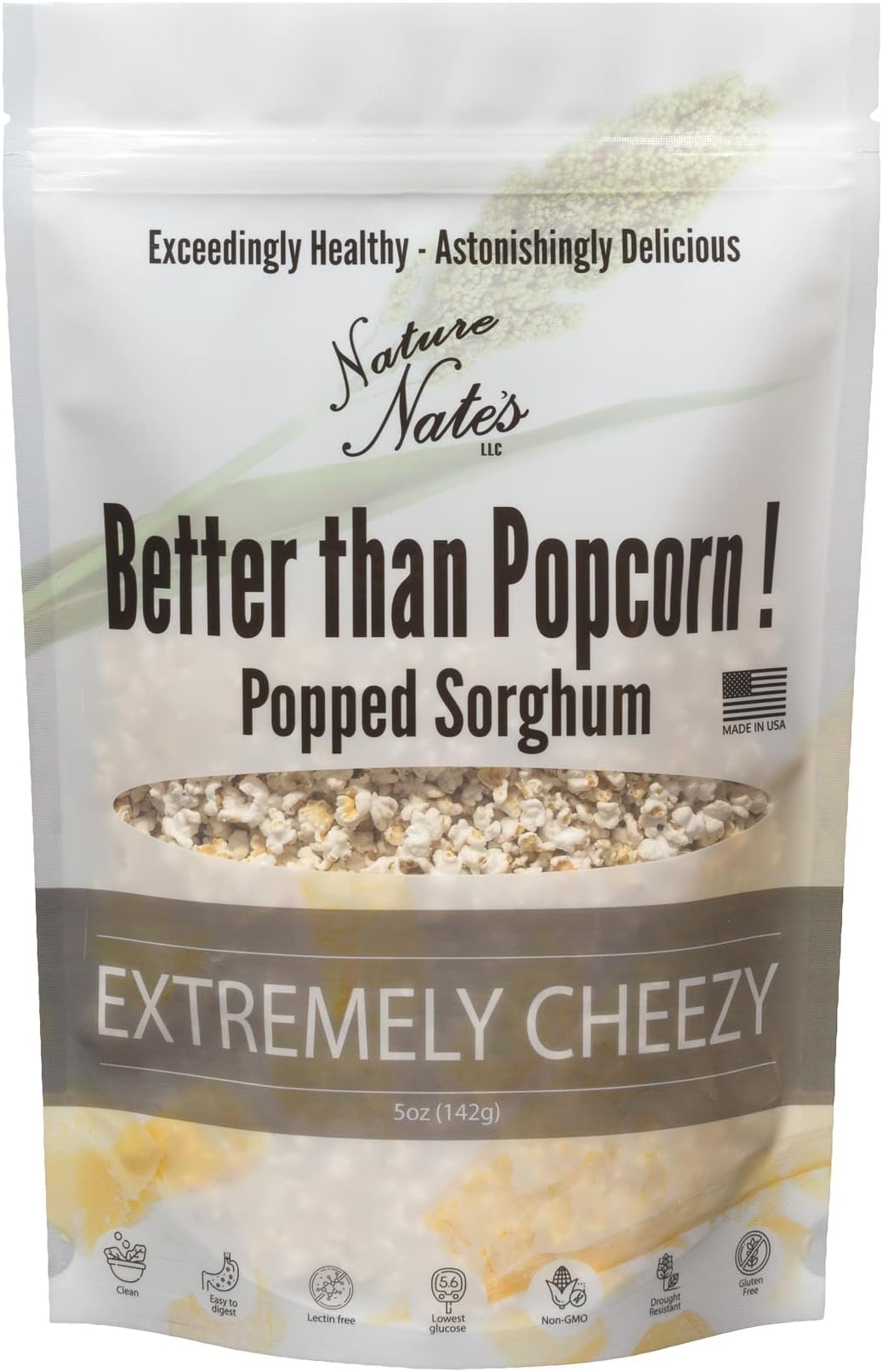 Nature Nate's Extremely Cheezy Popped Sorghum, 5 oz, Gluten Free Snacks, Celiac-Friendly, Healthy Snacks, Made In USA, Single Bag
