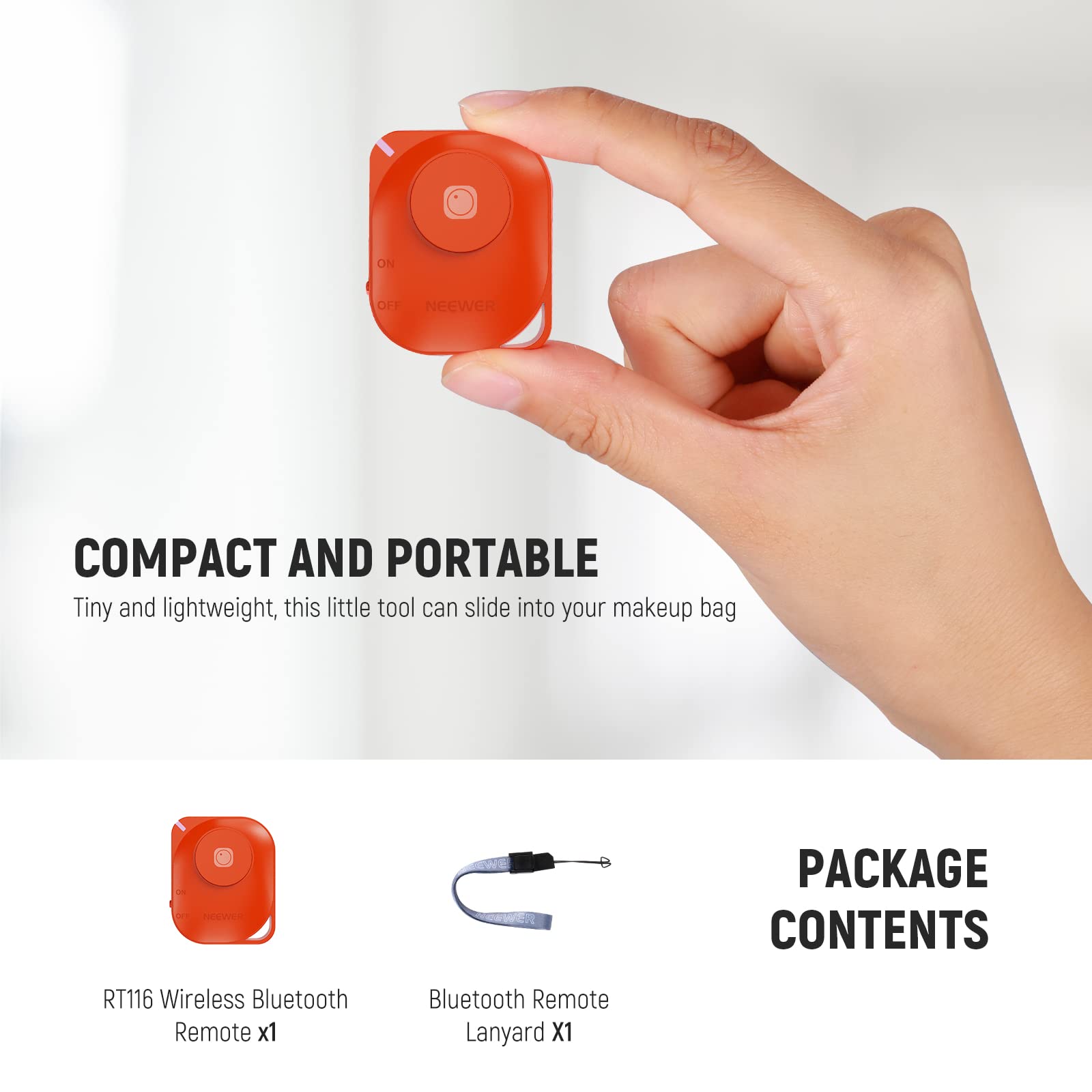 NEEWER RT116 zdalne sterowanie zdalnym wyzwalaczem Bluetooth do aparatów z smyczą na klucze, kompatybilny z telefonami komórkowymi iPhone, iPad, Android, do Instagramu, Snapchata, selfie, robienia zdjęć i nagrywania wideo