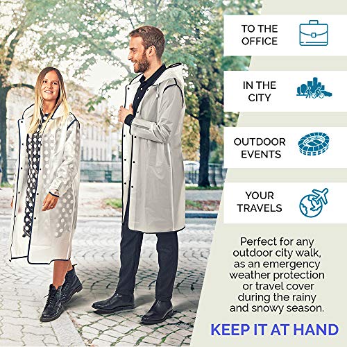 PERLETTI Regenponcho Wasserdicht Damen Herren Reflktierende Details - Regenjacke Wandern Outdoor Trekking Reisen mit Kapuze - Regen Cape Waterproof Kompakt Camping (M, Transparent mit Rand Blau)
