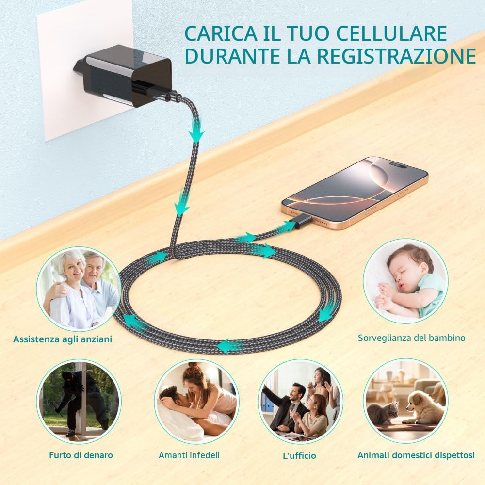 Mini Telecamera Spia nascosta 64GB Con Caricatore USB, 1080P HD, Con Rilevazione Di Movimento, Visione Notturna, Mini Telecamera Per La Sicurezza Di
