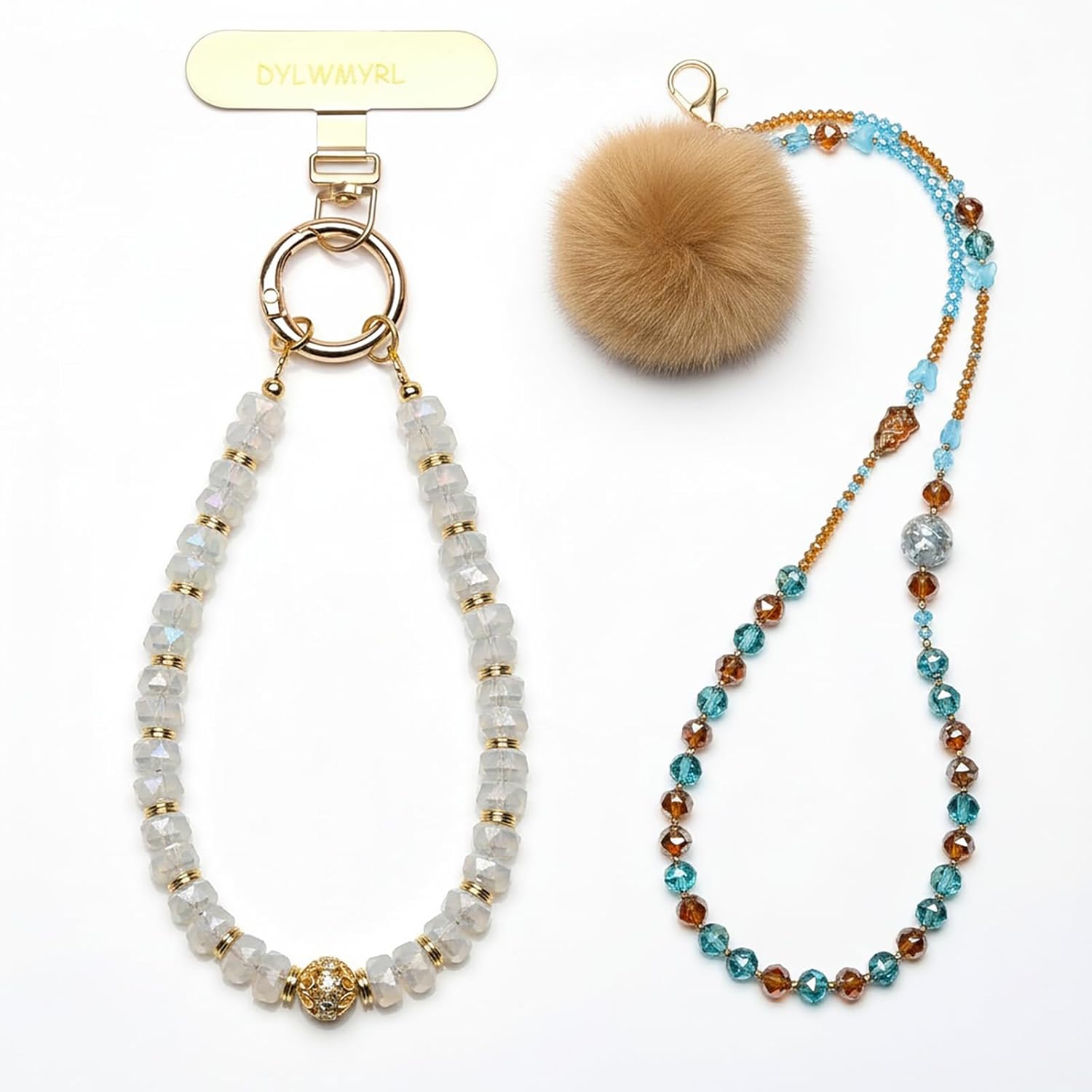 Handmade Beaded Phone Chain, Moonstone Amber Glaze Short Long Crossbody Wrist Anti-Lost Lanyard