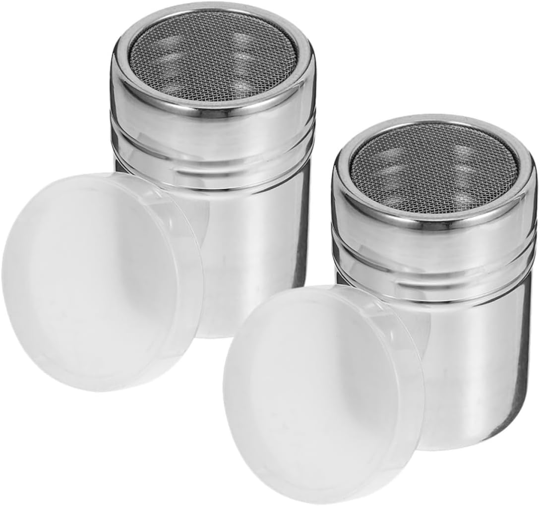 Sugar Shaker Duster with Fine Mesh Lid Stainless Steel 2pcs for Even Powder Distribution and Protective Lid, Handheld Sugar Dispenser Pourer for Coffee, Baking, and Cocoa Use