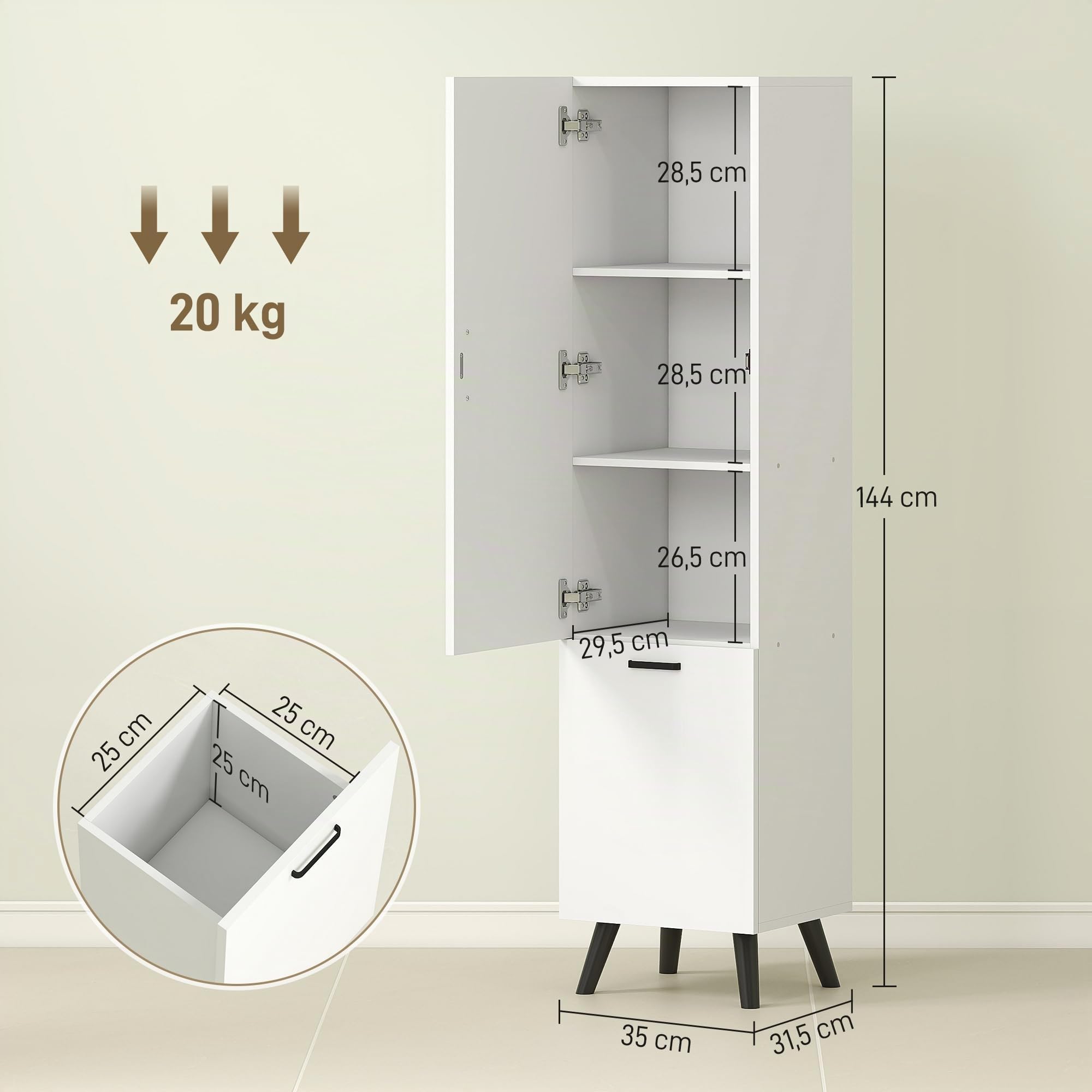 HOMCOM Armario de Baño Alto con Puerta y Estantes 35x31,5x144 cm Blanco | Columna de Baño Estrecha, Cesto para Ropa Sucia, Mueble Auxiliar para Cocina Salón