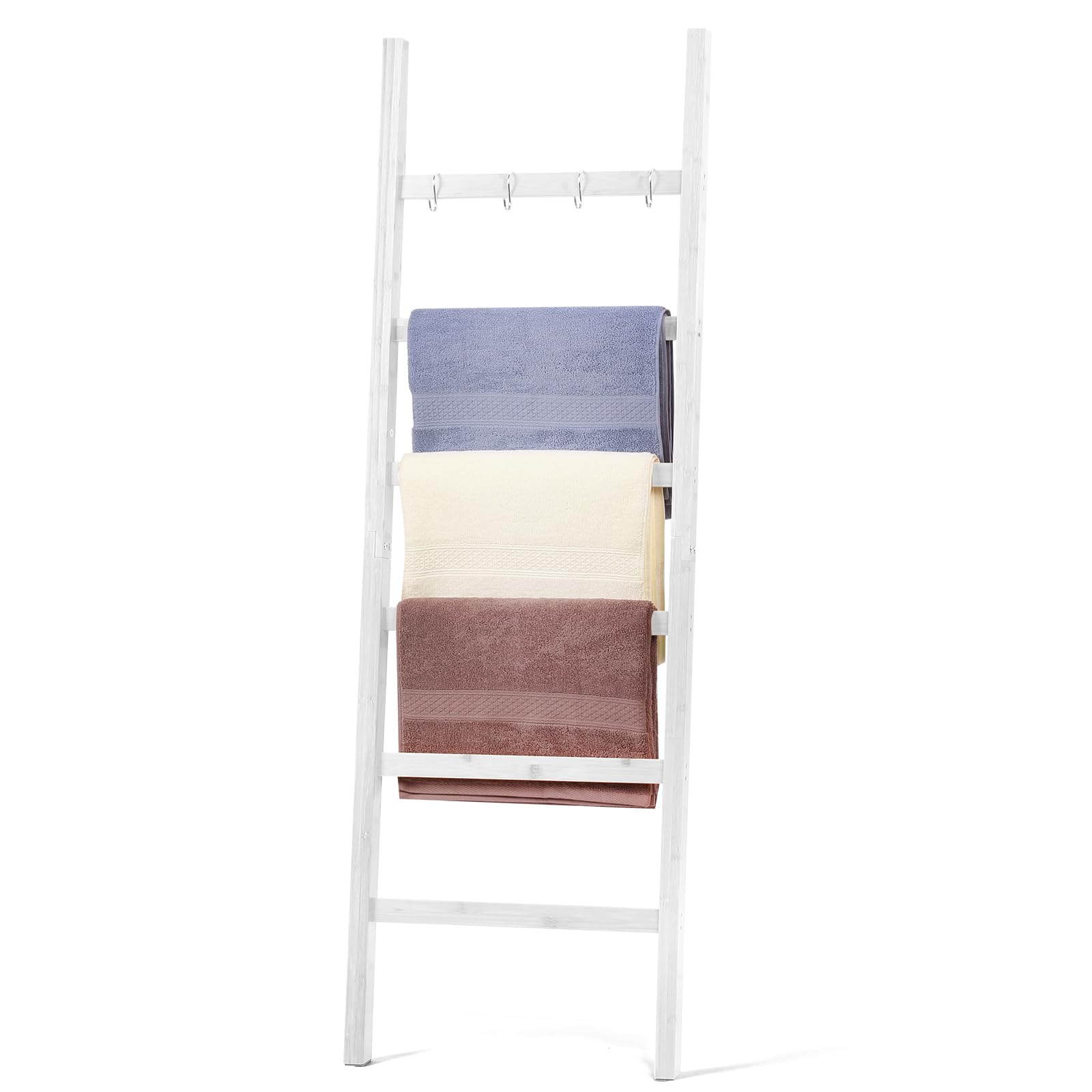 Échelle porte-serviettes en bambou avec 6 échelons et 4 crochets, échelle à vêtements, porte-serviettes pour salle de bain, H x l 170 x 43 cm (blanc)