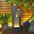 Takamota Modern Outdoor Water Fountain with Lights&Pump, Cascading Waterfall Feature Outdoor, Resin Standing Garden Fountain for Landscaping, Patio, Balconie, Yard Decor, Indoor Water Feature, Grey