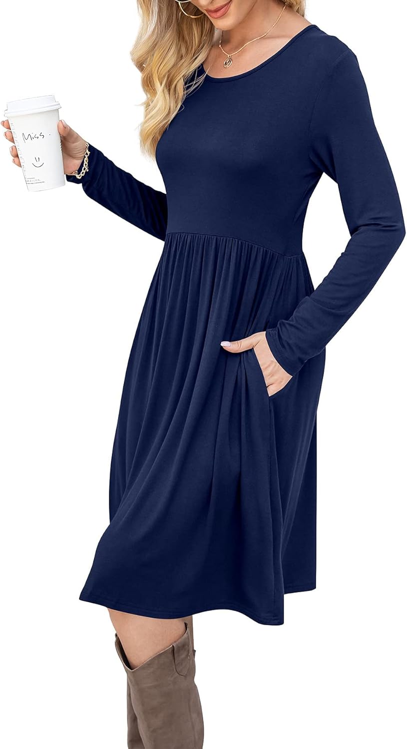 DB MOON Women Casual Long Sleeve Dresses Empire Waist Knee Length Loose Dress with Pockets - Image 4