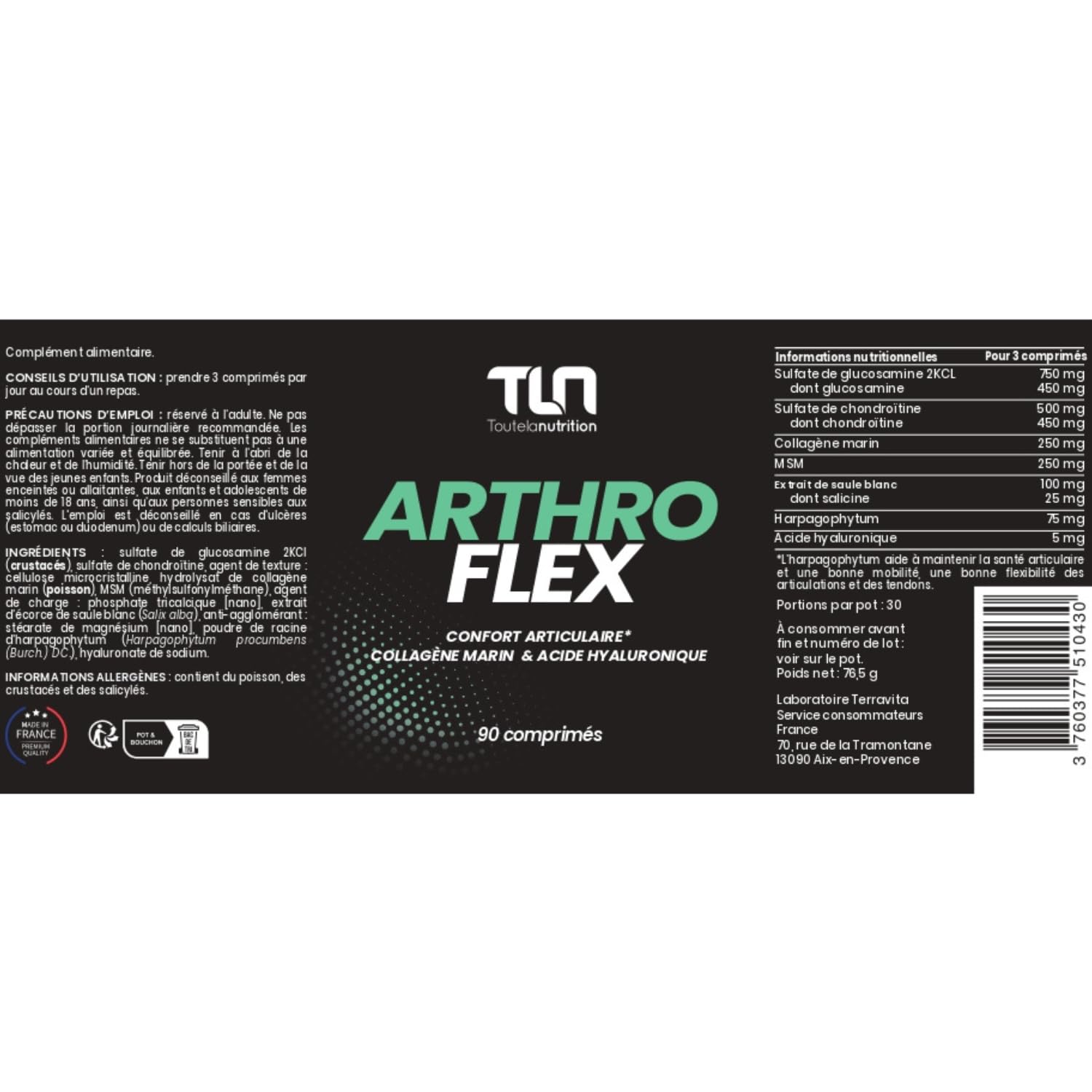 Arthro Flex | Articulations Douloureuses, Soulagement Rapide et Durable | Collagène, Glucosamine, Chondroïtine, MSM, Acide Hyaluronique | Souplesse, Flexibilité et Mobilité | 90 Comprimés | TLN