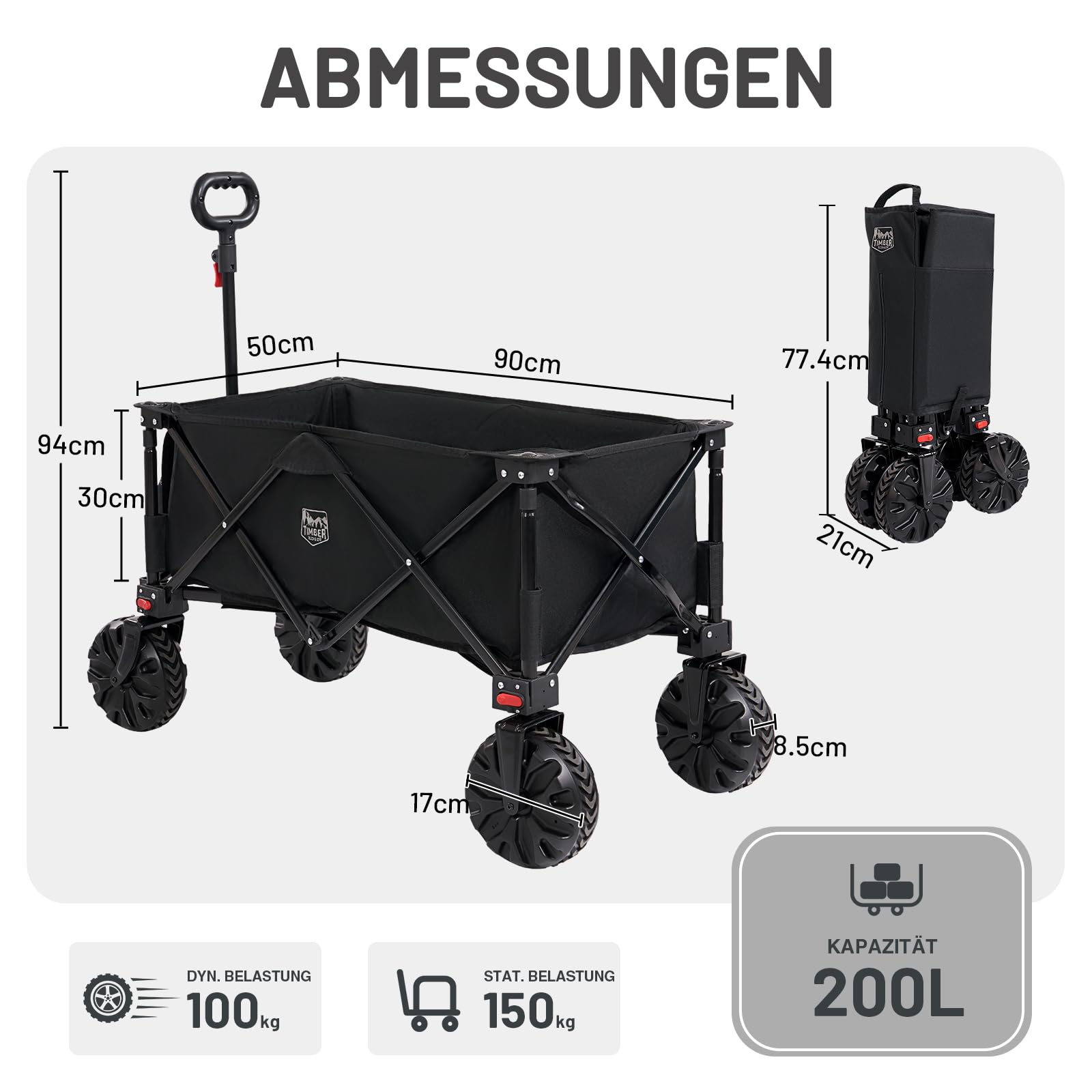 TIMBER RIDGE XXL Bollerwagen Faltbar 200L Breite Reifen Strandwagen Klappbar mit Bremsen Seitentasche Getränkehalter Verstellbarer Griff Handwagen 150kg Belastbar