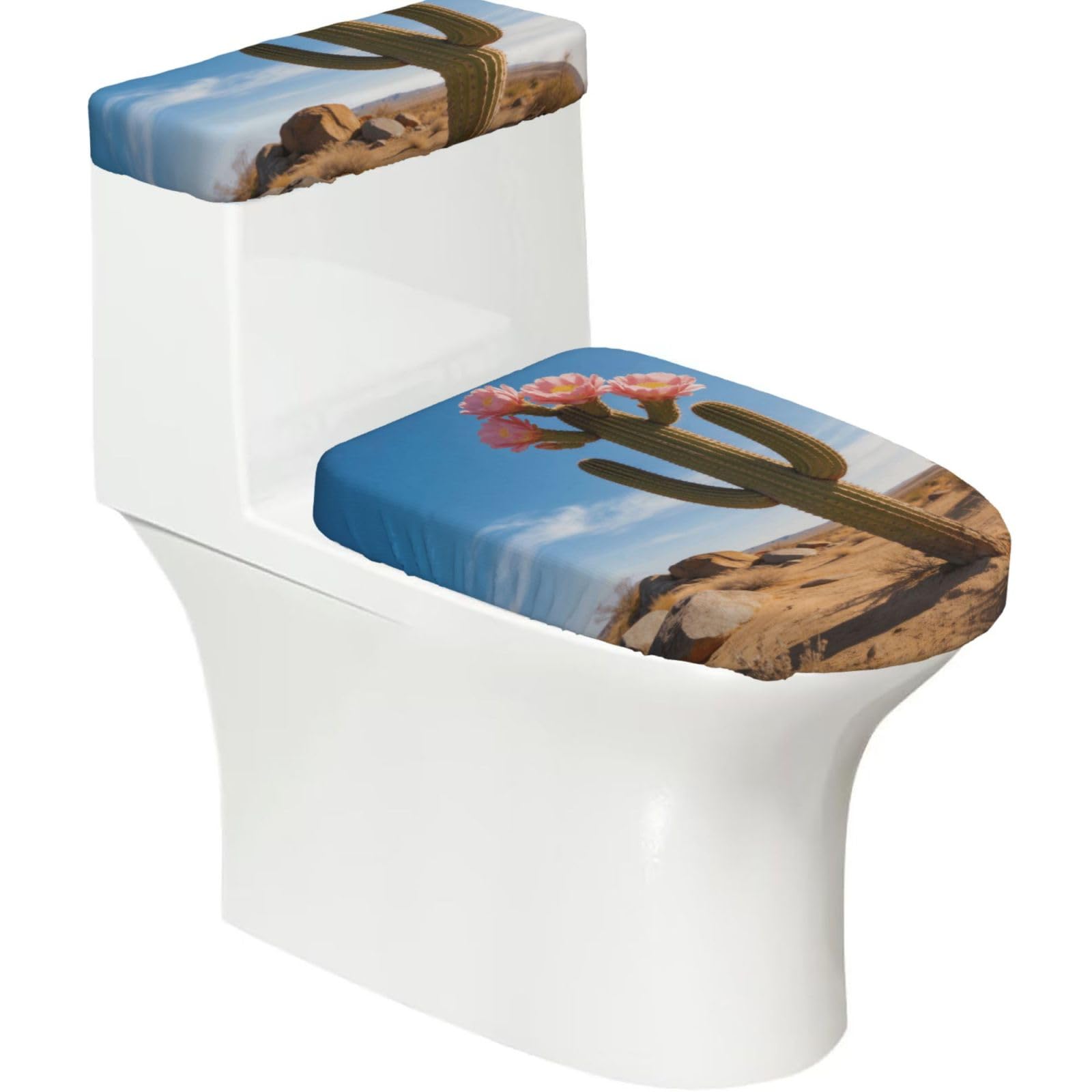 Cactus Bloom Flower Elastic Toilet Cover Set of 2-Stretchy Lid and Tank Covers for Bathroom, Soft Washable U Shape Toilet Decor
