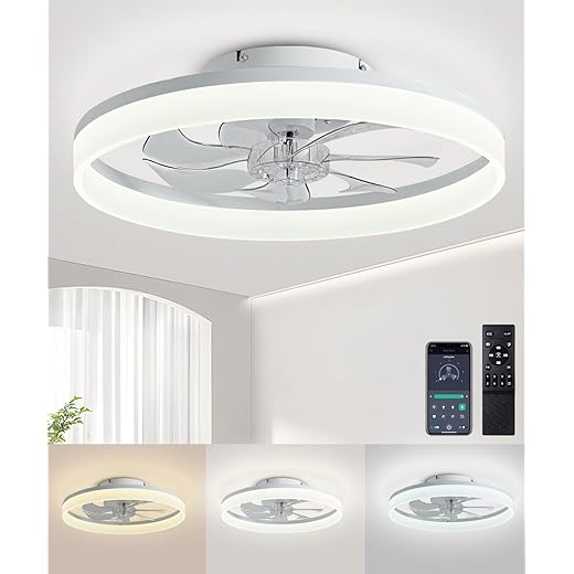Ceiling Fans with Lights and Remote, 20" Modern Low Profile Ceiling Fan with Light, Stepless Color Temperature Change and 6 Speeds, Flush Mount Ceiling Fans for Bedroom, Kids Room.(White)