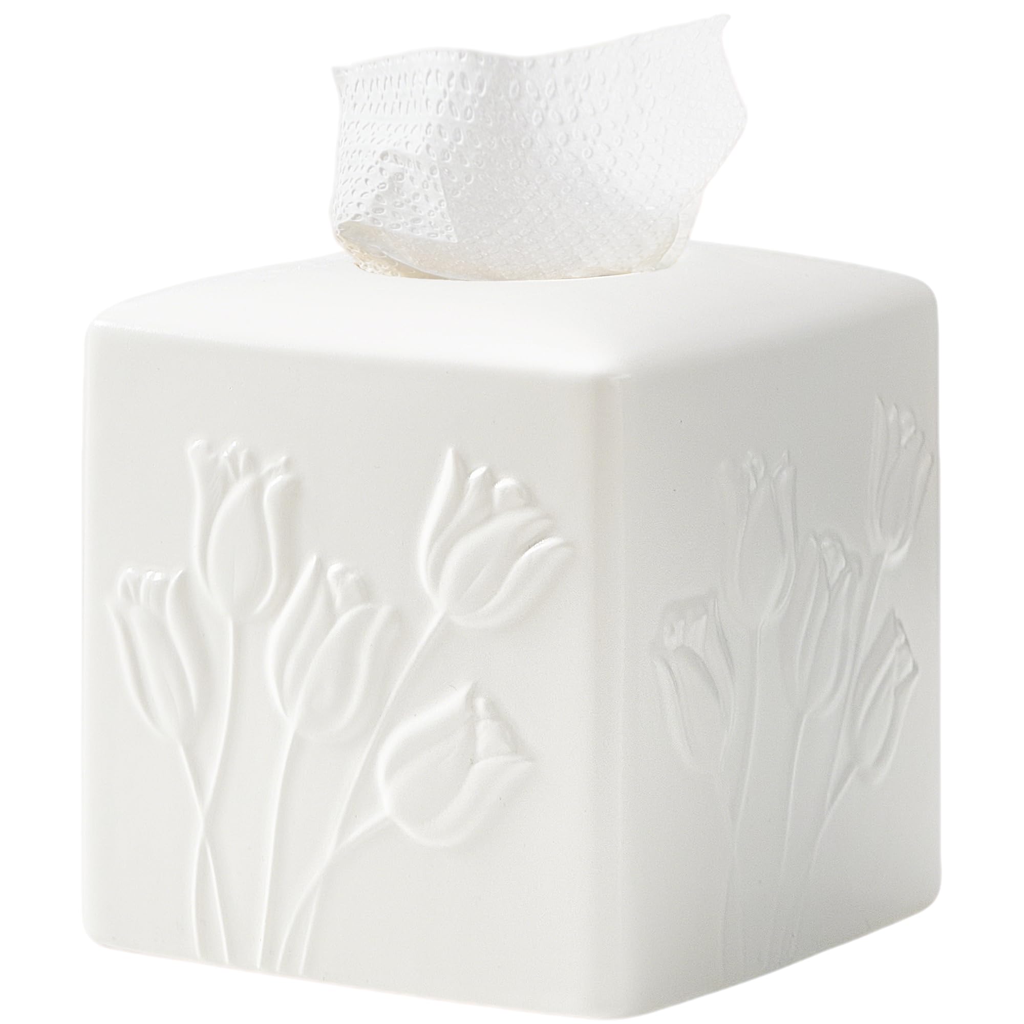 White Ceramic Tulips Tissue Box Cover - Modern Square Decorative Organizer for Facial Tissues, Farmhouse Style Home Decor for Bathroom, Bedroom, Living Room & Office-image-26