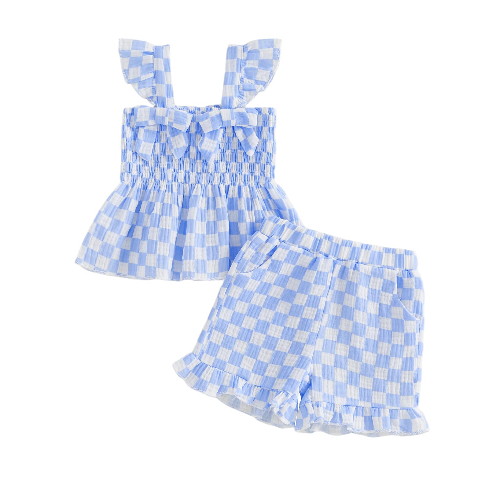 Toddler Baby Girl Summer Clothes Infant Girl Plaid Outfit Strawberry Ruffle Gingham Shirts Dress Tank Top Shorts Set — view 44