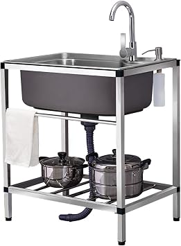 Stainless Steel Utility Sink Free Standing Single Bowl Commercial Restaurant Kitchen Prep Cleaning Washing Station Hand Basin Sink w/Storage Shelve Laundry tub for Indoor Outdoor Garage Backyard Co